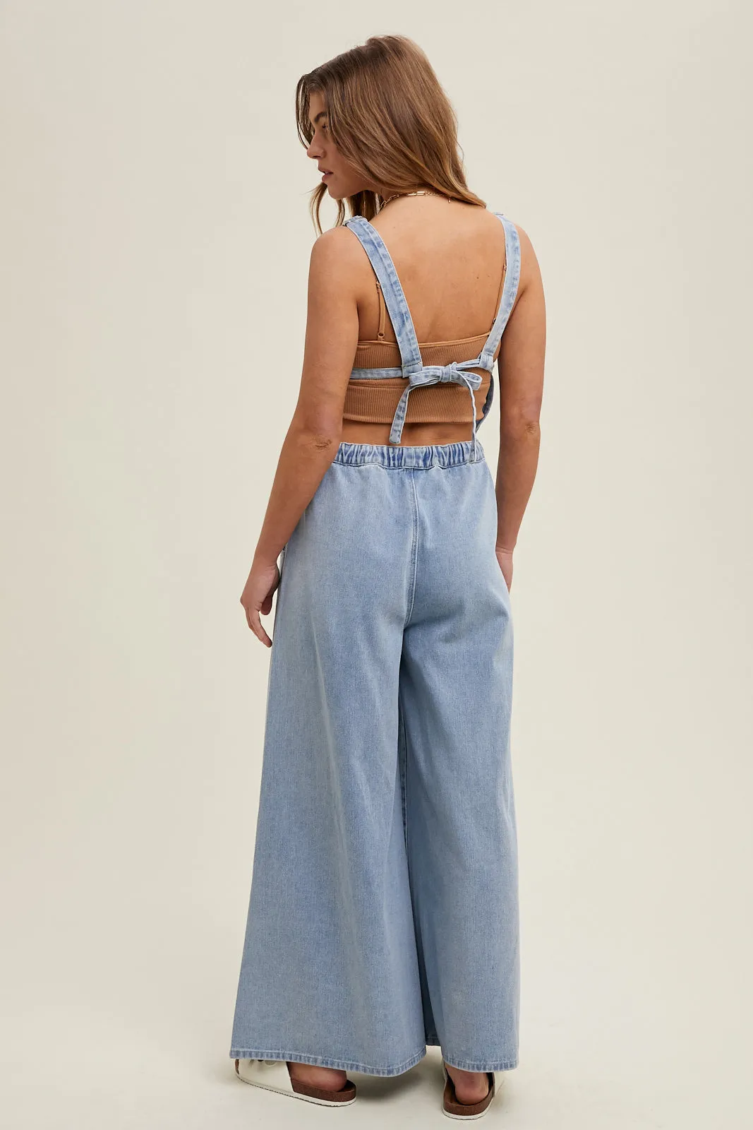 Drawstring Wide Leg Denim Overalls Comfort waistband