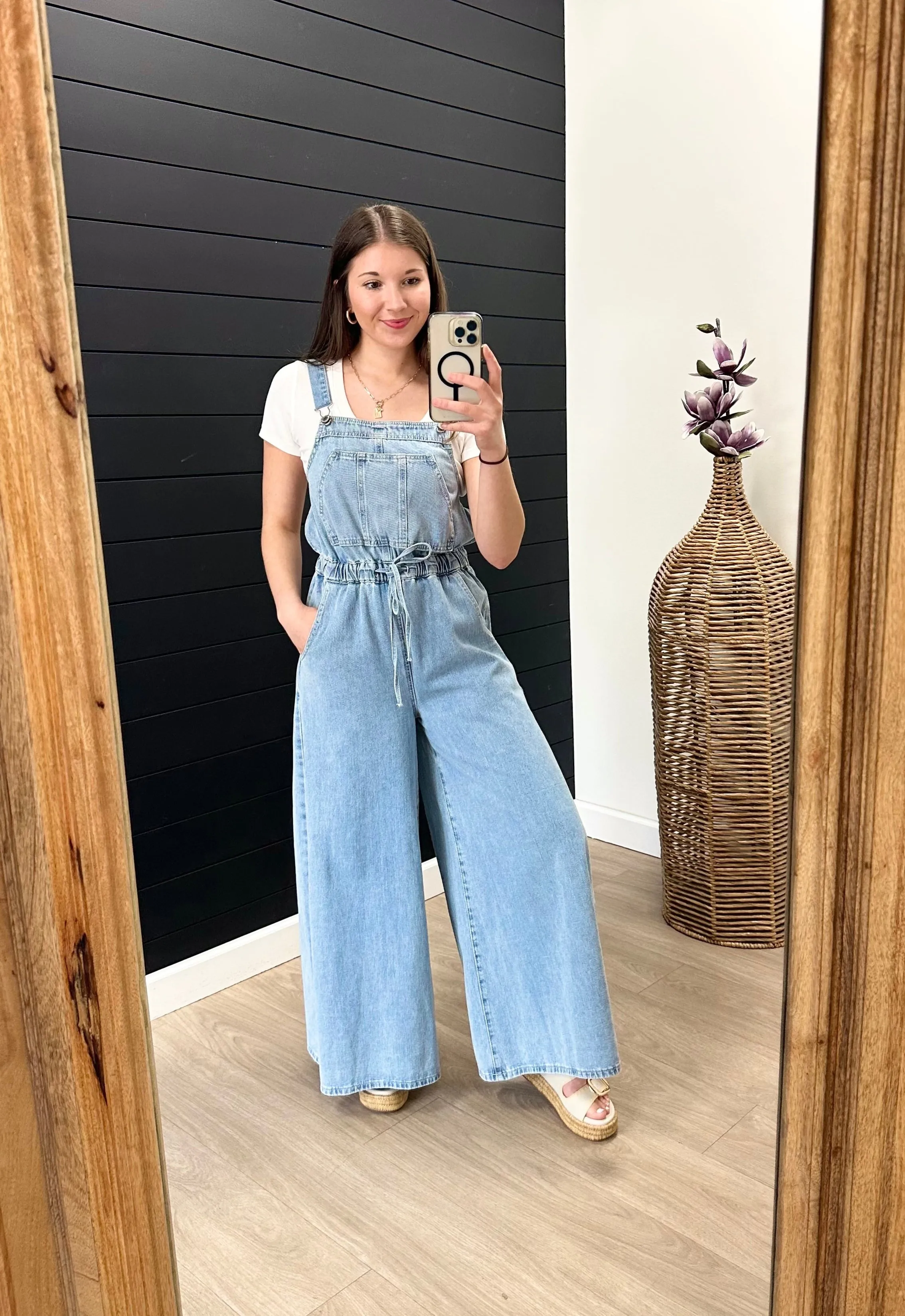 Drawstring Wide Leg Denim Overalls Power Vibe Flexible Fabric Blend