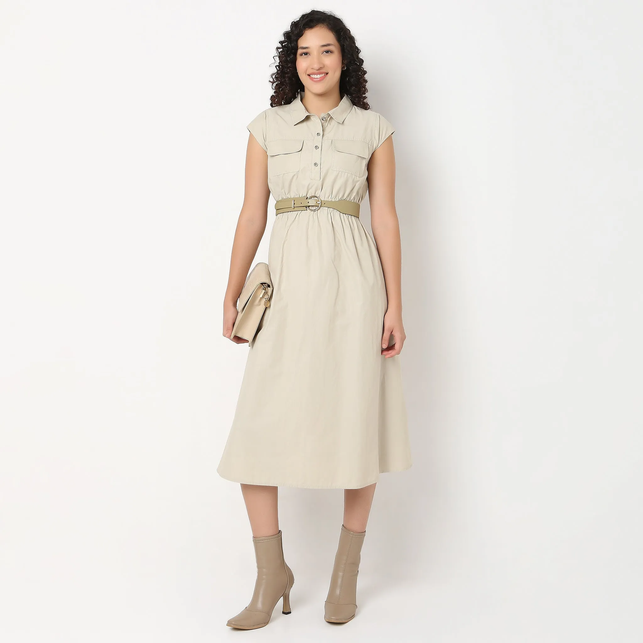 Flared Fit Shirt Collar Dress WeightlessLayeringPiece Smart Casual