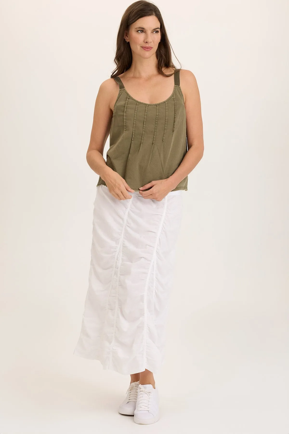 Linen Shirred Asymmetric Midi Skirt BreathableMesh