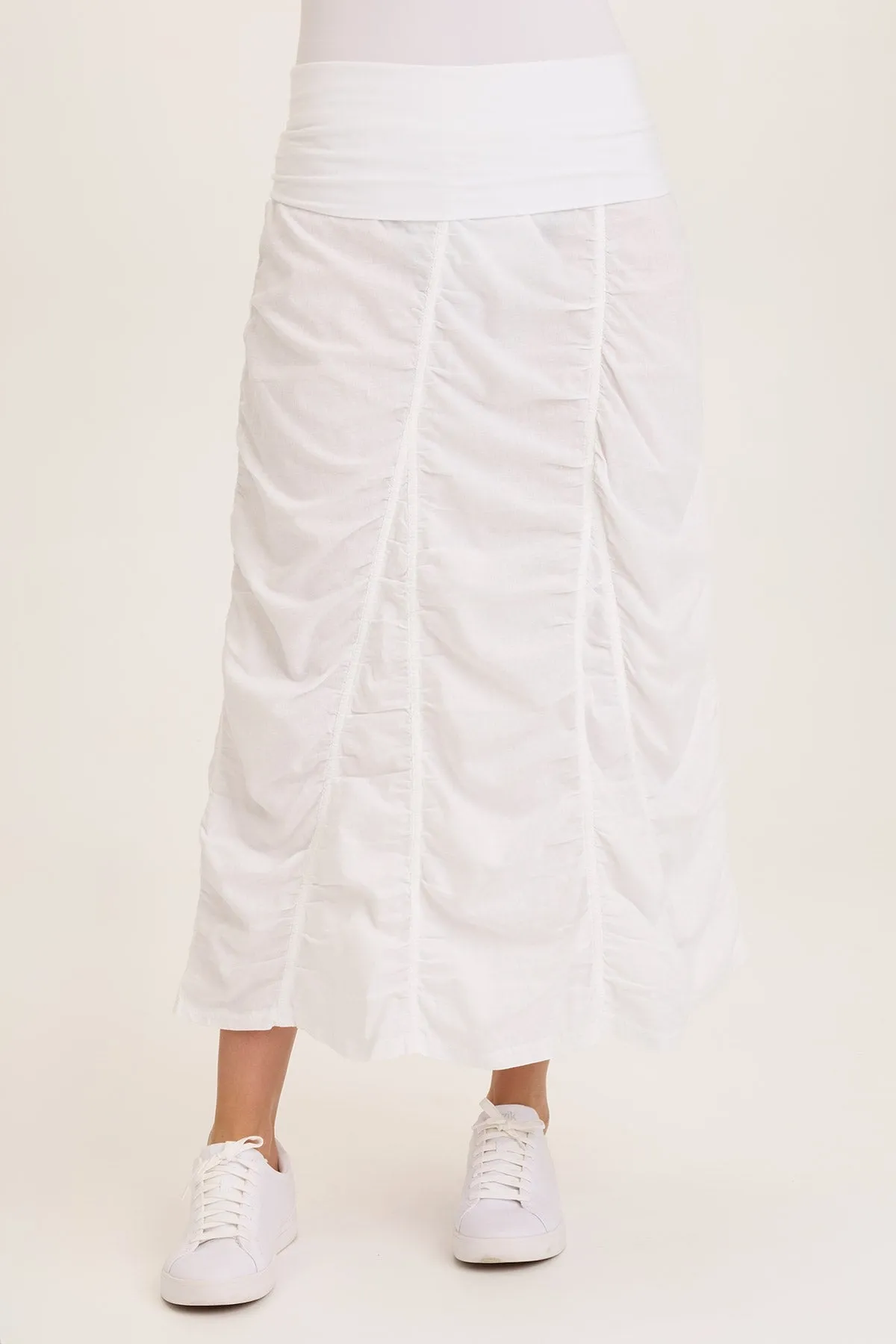 WaterRepellent Surface FourWayStretch Linen Shirred Asymmetric Midi Skirt
