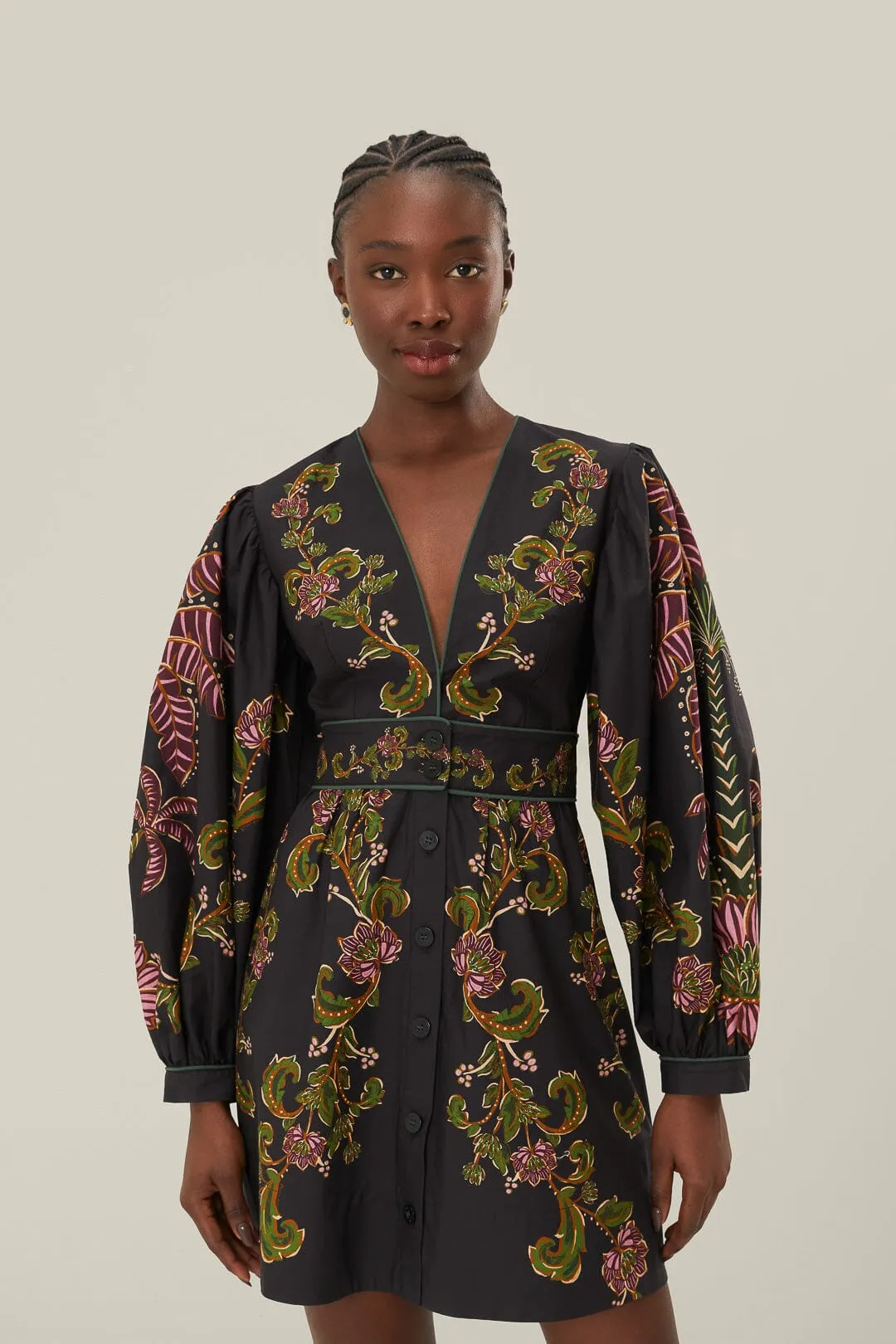 Stretchable Fit Black Ravenala Puff Sleeve Mini Dress