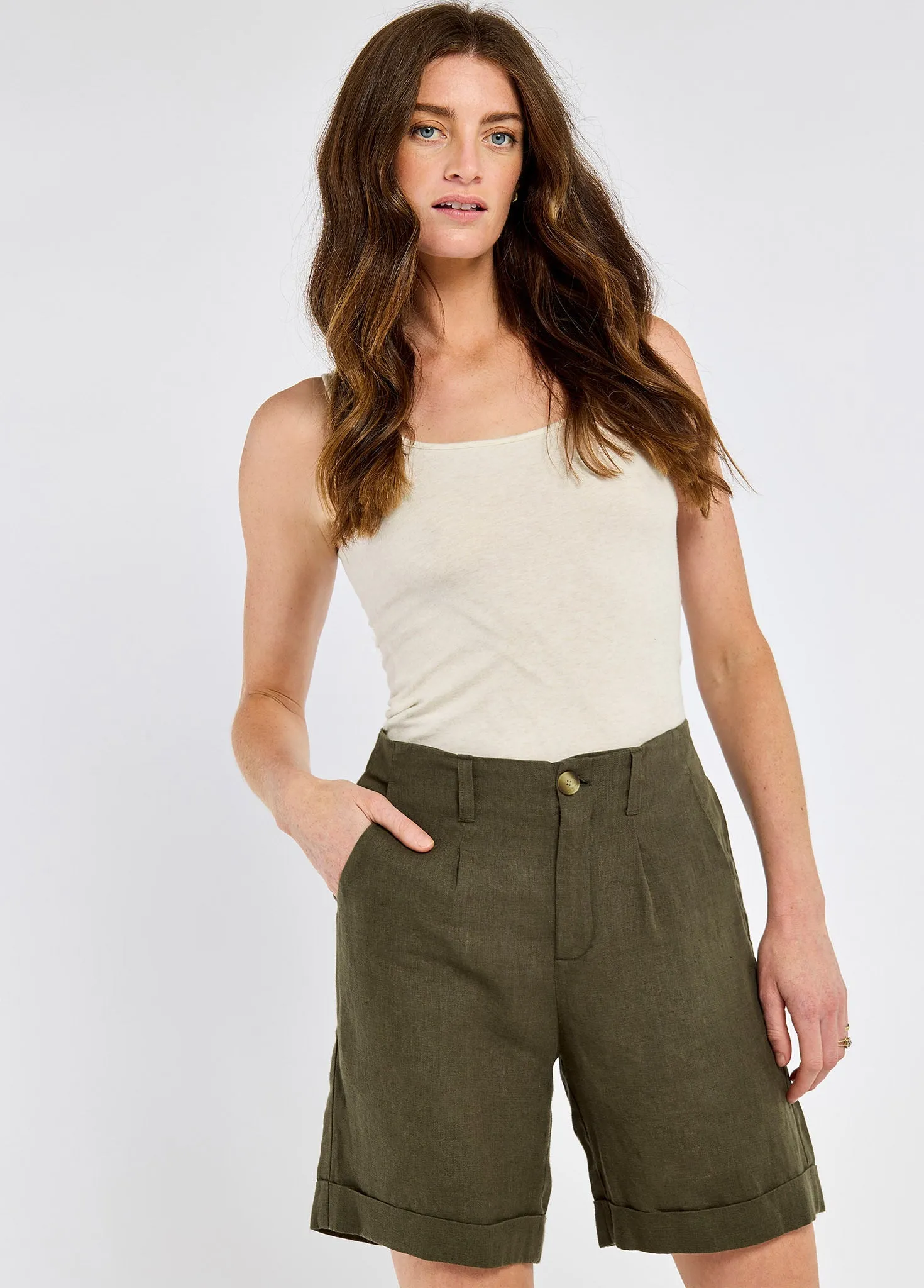 StretchWaistband Maryland Women??s linen shorts - Khaki