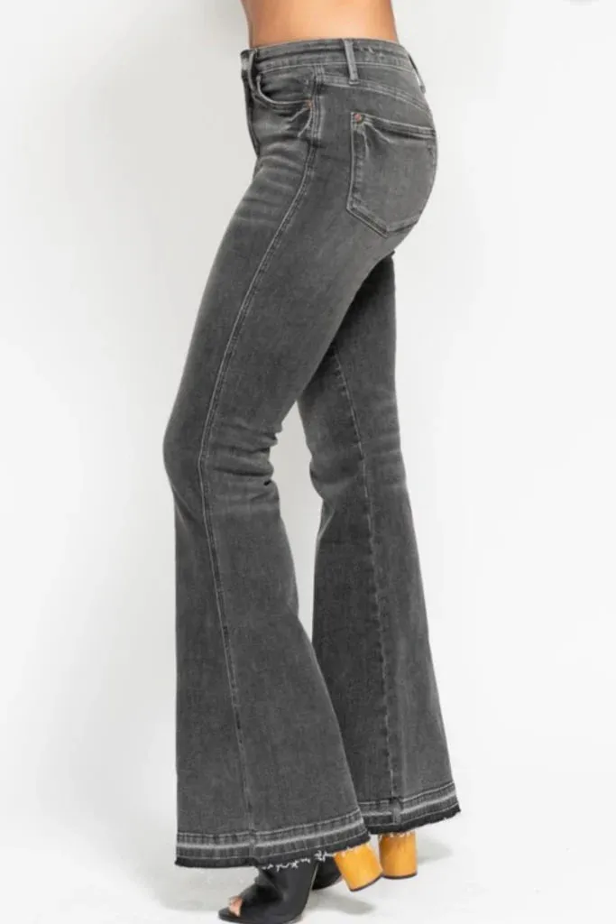 Judy Blue Mid Rise Tummy Control Release Hem Gray Flare Aerated Seam Placement Gloss Fit
