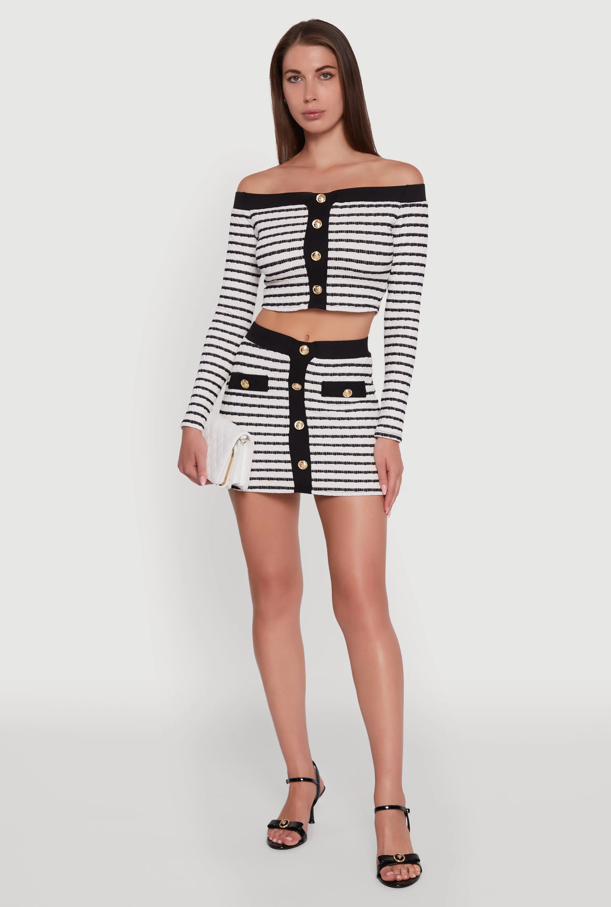 Non Restrictive Fit Textured Knit Faux Button Striped Mini Skirt