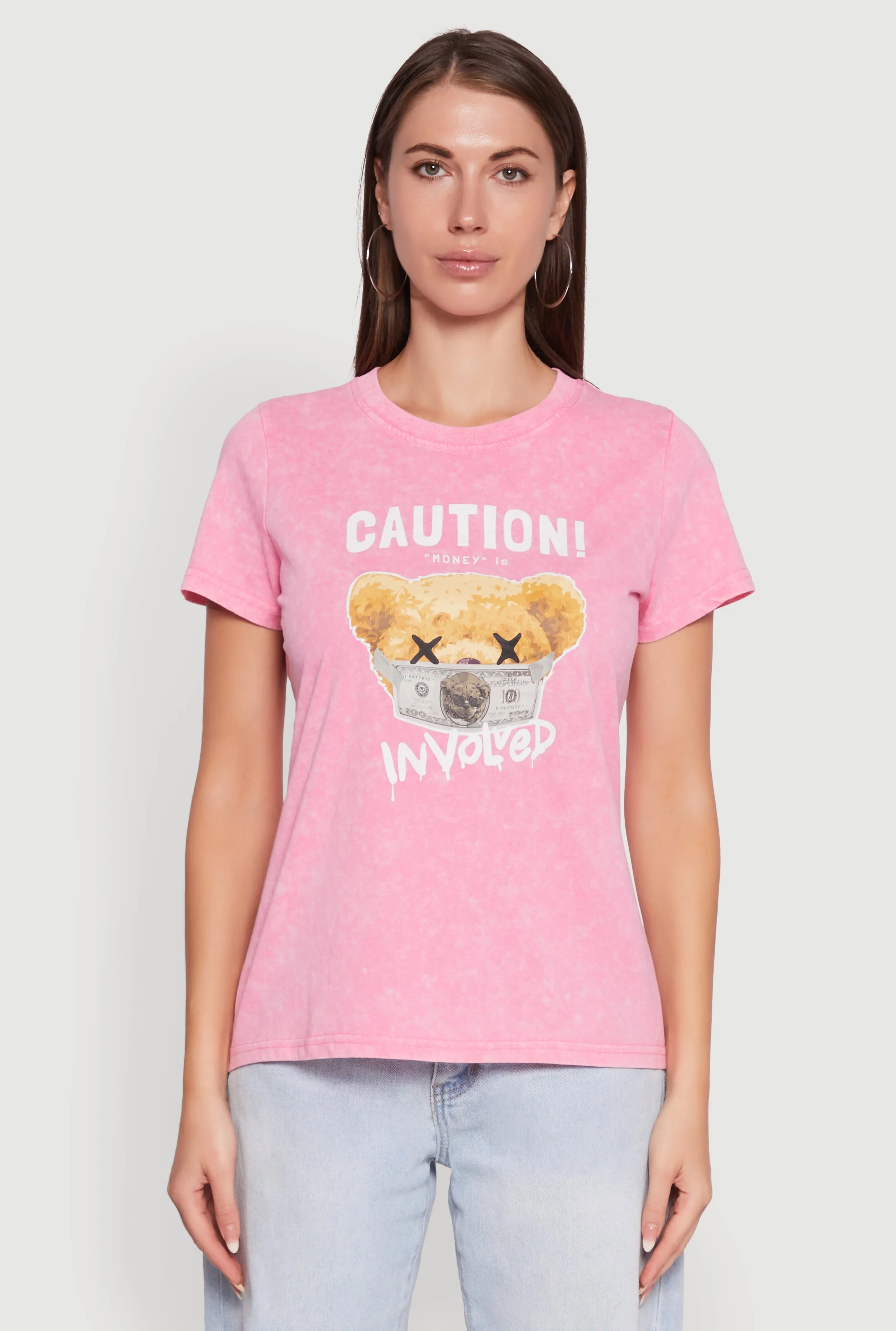 Acid Wash Teddy Bear Caution Graphic Crew Neck Tee Anti-pilling