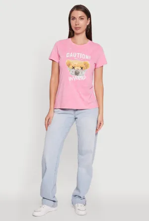 Cozy Design Acid Wash Teddy Bear Caution Graphic Crew Neck Tee