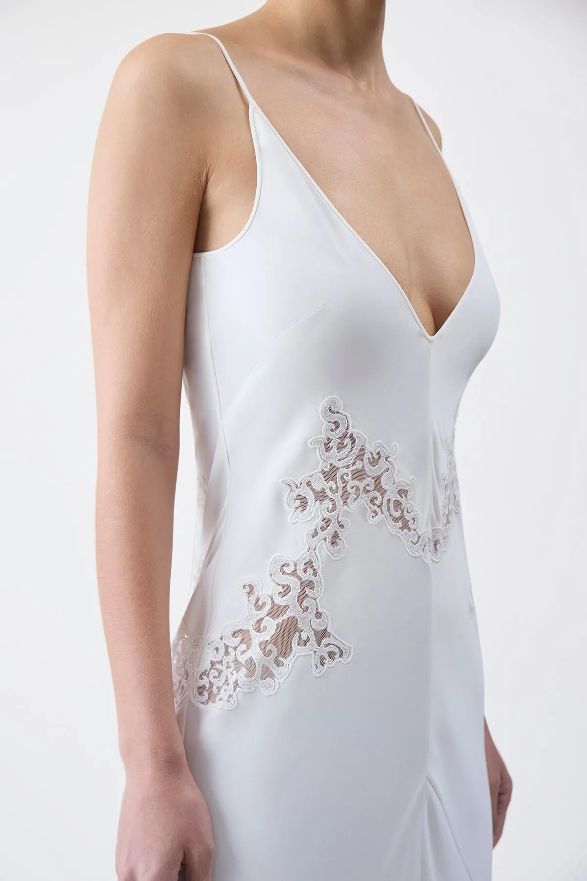 Nordic Light Dream Feel Apuleius Lace Slip Maxi Dress in Ivory Silk Crepe