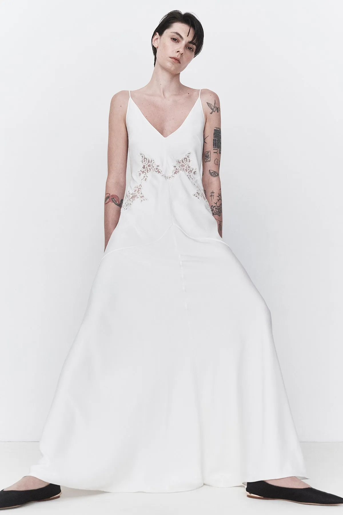 Apuleius Lace Slip Maxi Dress in Ivory Silk Crepe SoftLining SoftTouchFinish