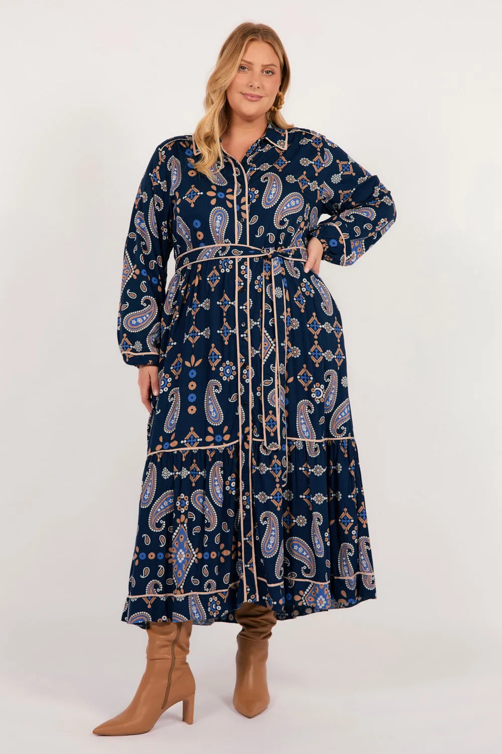 Ginette Long Sleeve Dress in Navy Filigree Wide Arm