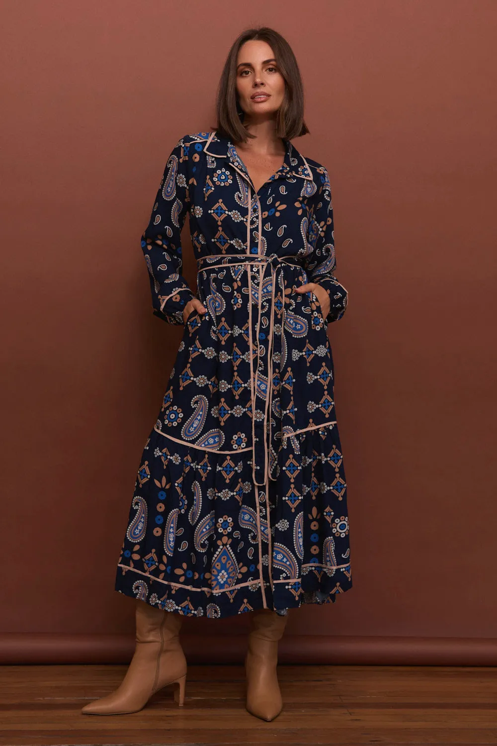 Ginette Long Sleeve Dress in Navy Filigree Morning Mist