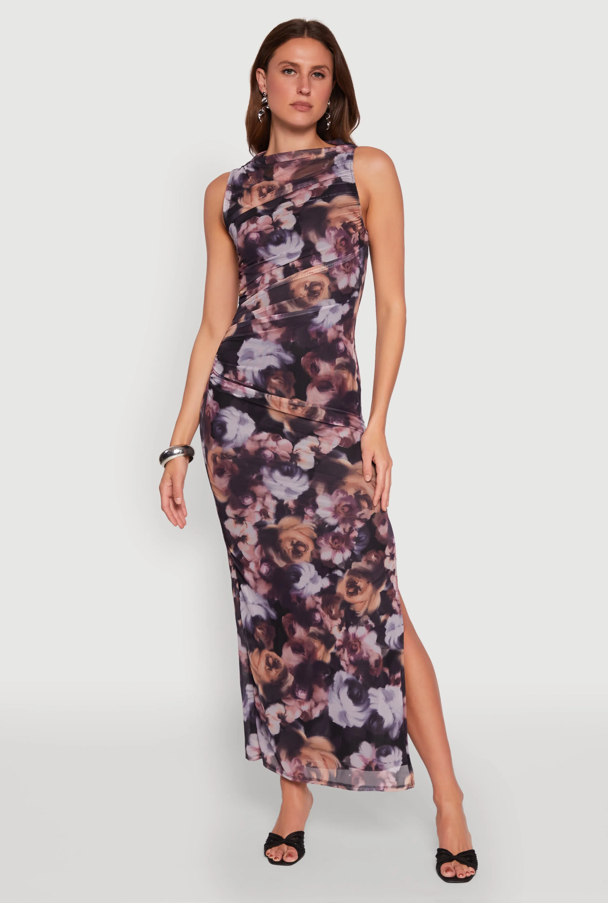 With its elegant lines this dress offers a sophisticated look that never goes out of fashion Flowing silhouette dress Haute Monde Side Ruched Floral Mesh Dress