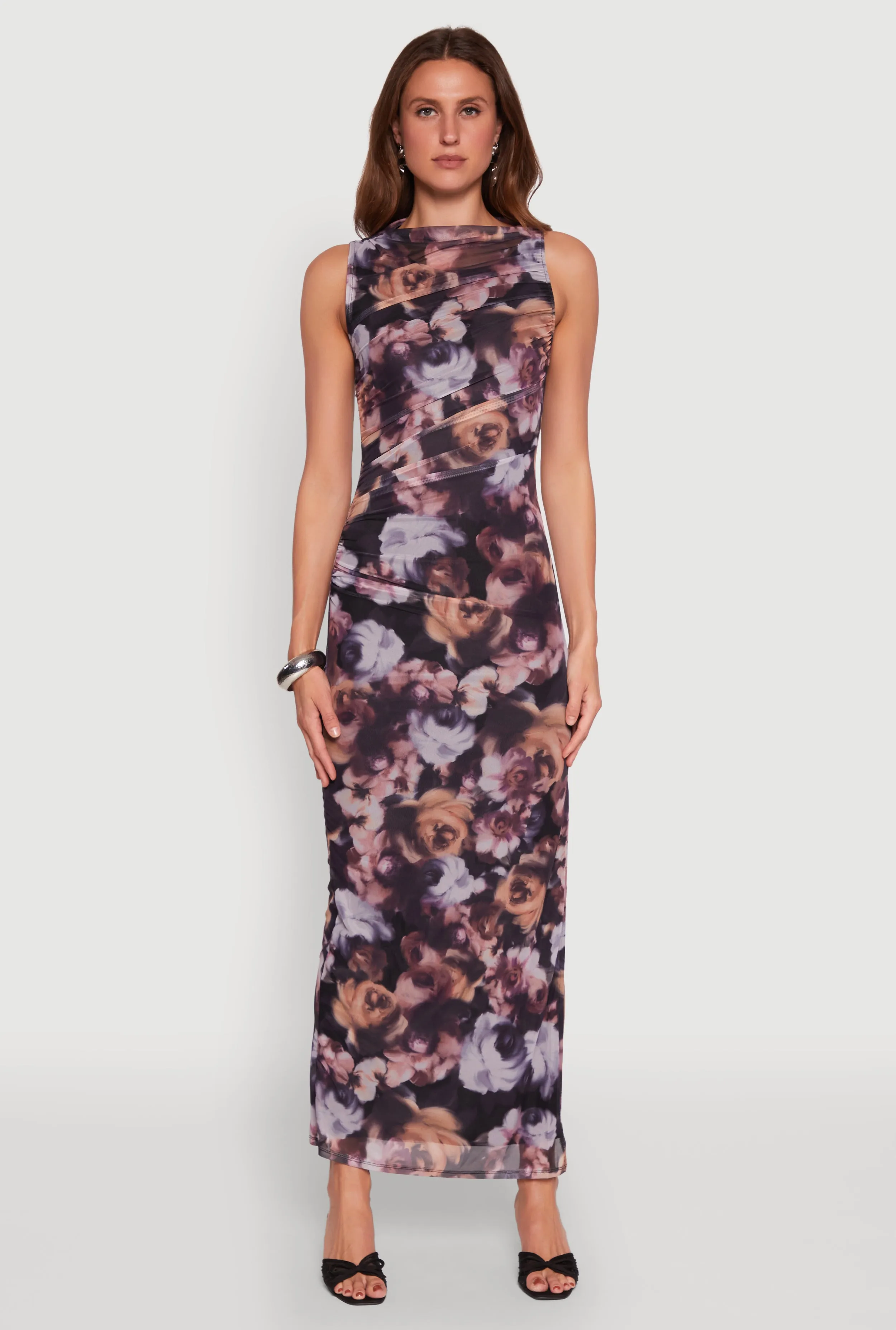 Haute Monde Side Ruched Floral Mesh Dress Fur Glow