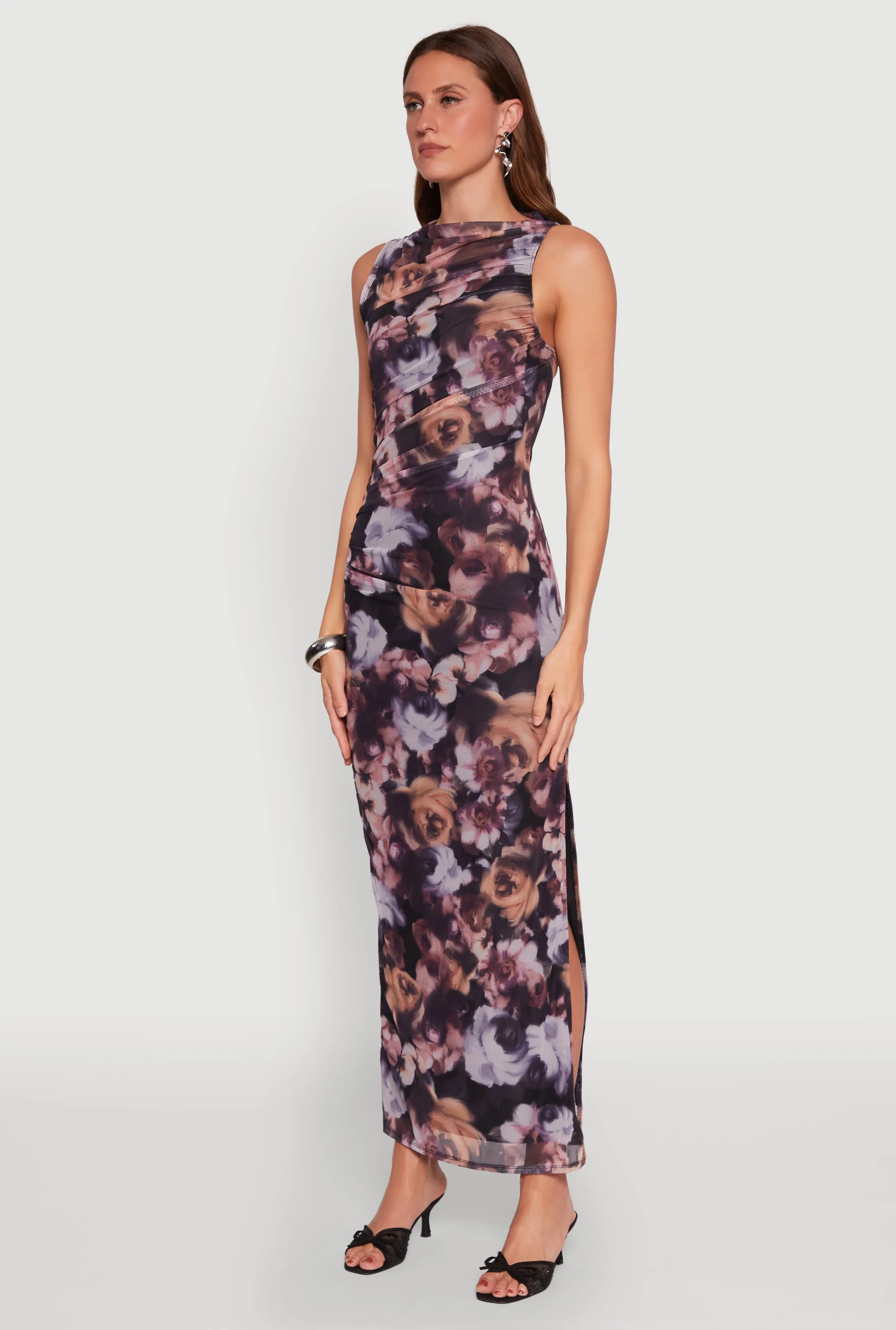 Haute Monde Side Ruched Floral Mesh Dress Golden Wave