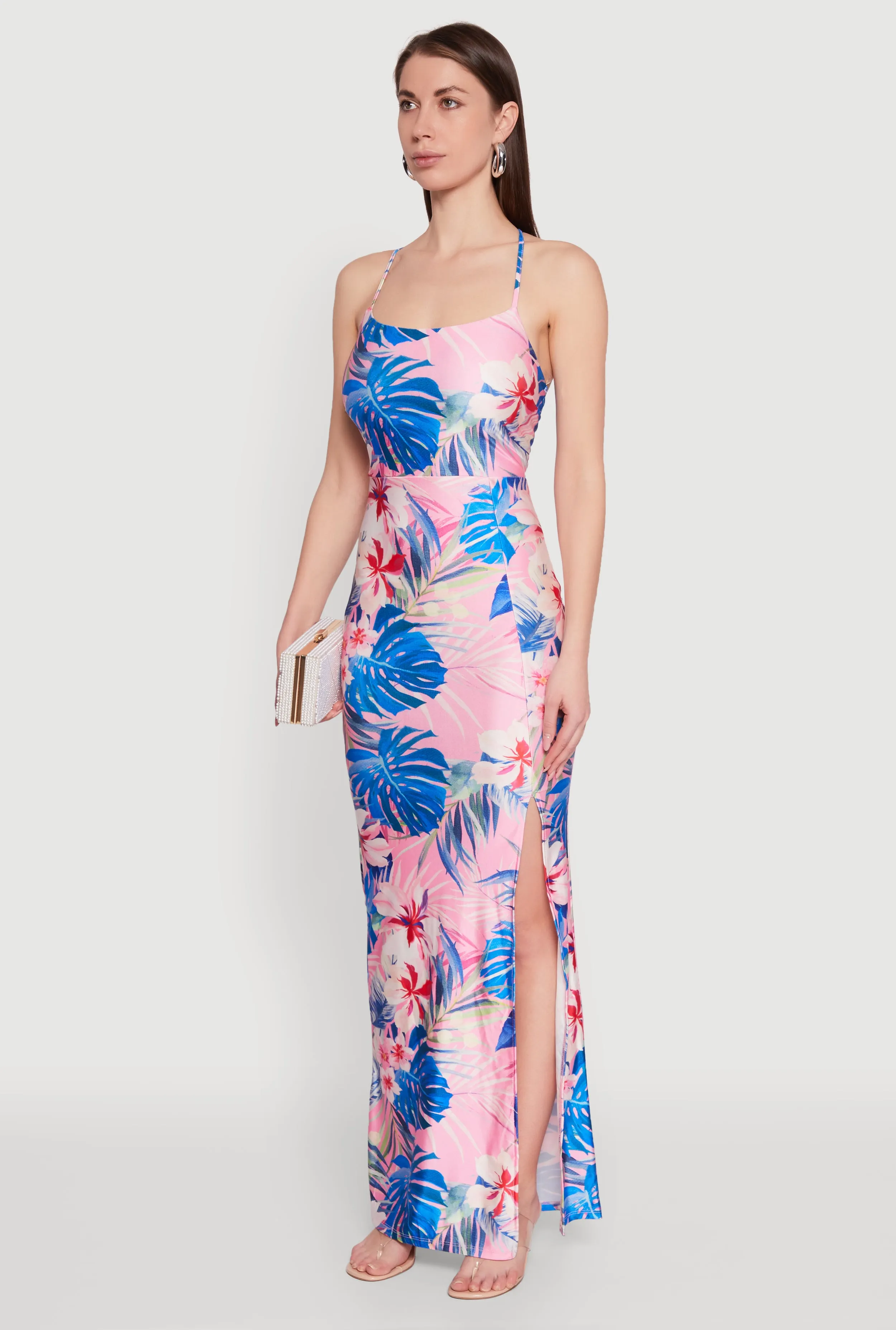 Iris Floral Lace Up Back Maxi Dress The flattering silhouette of this dress enhances your figure without compromising comfort Galaxy Mist