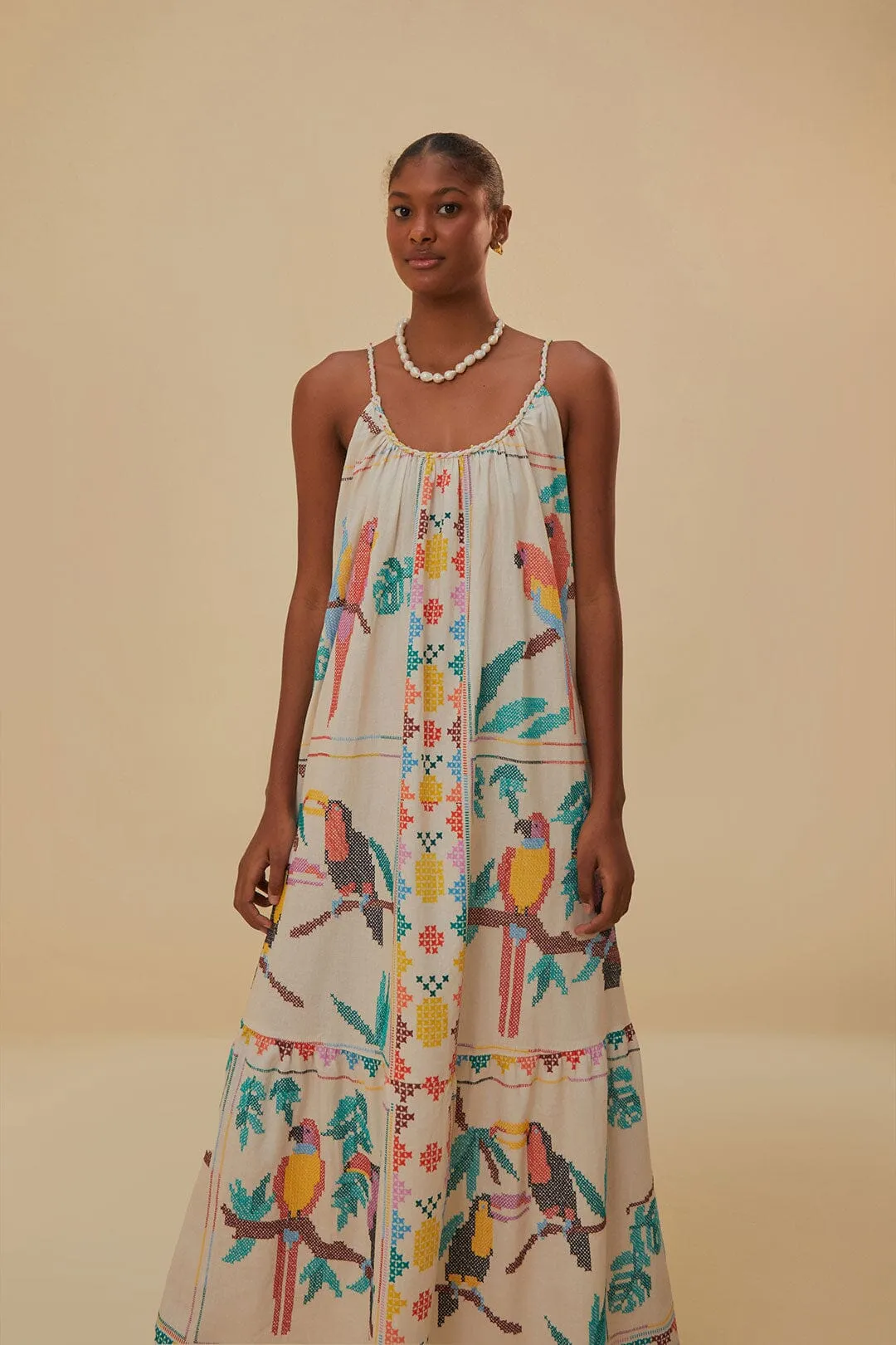 Stitched Birds Scarf Maxi Dress Full-length elegant piece This dress is designed to be worn for a variety of occasions providing effortless style