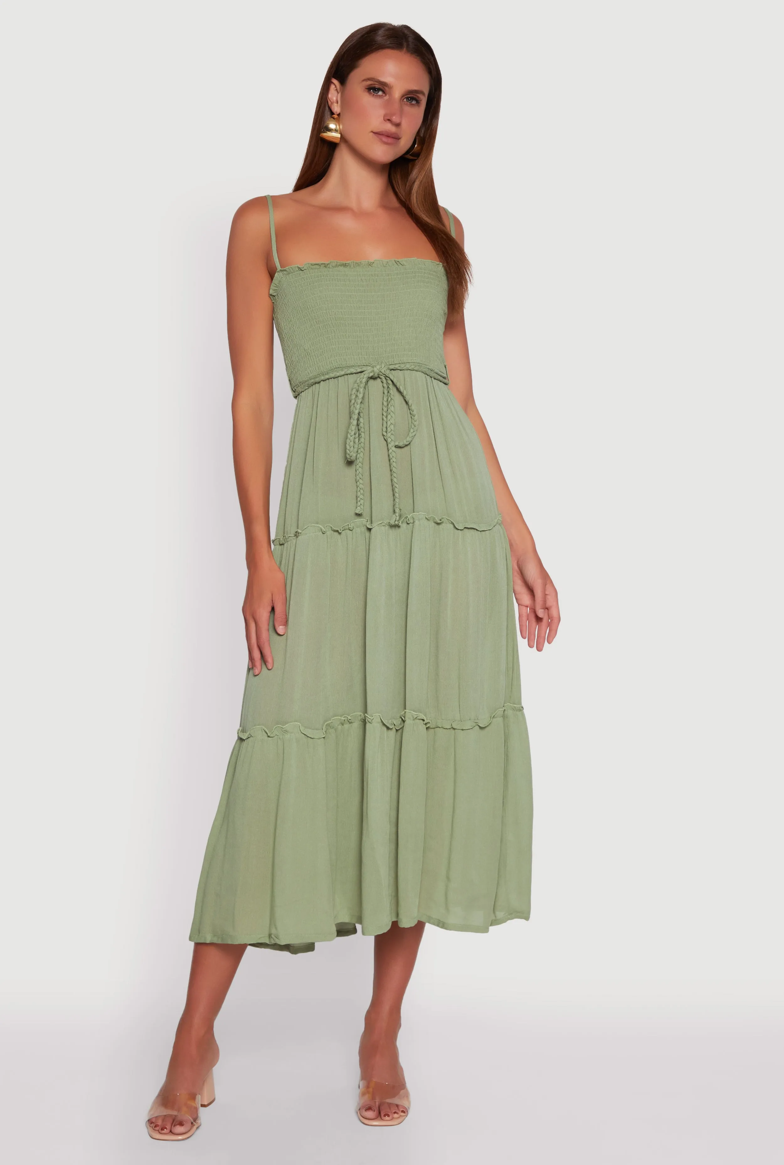 Tiered A-Line Maxi Dress with Tie Waist Belt Applique Glow