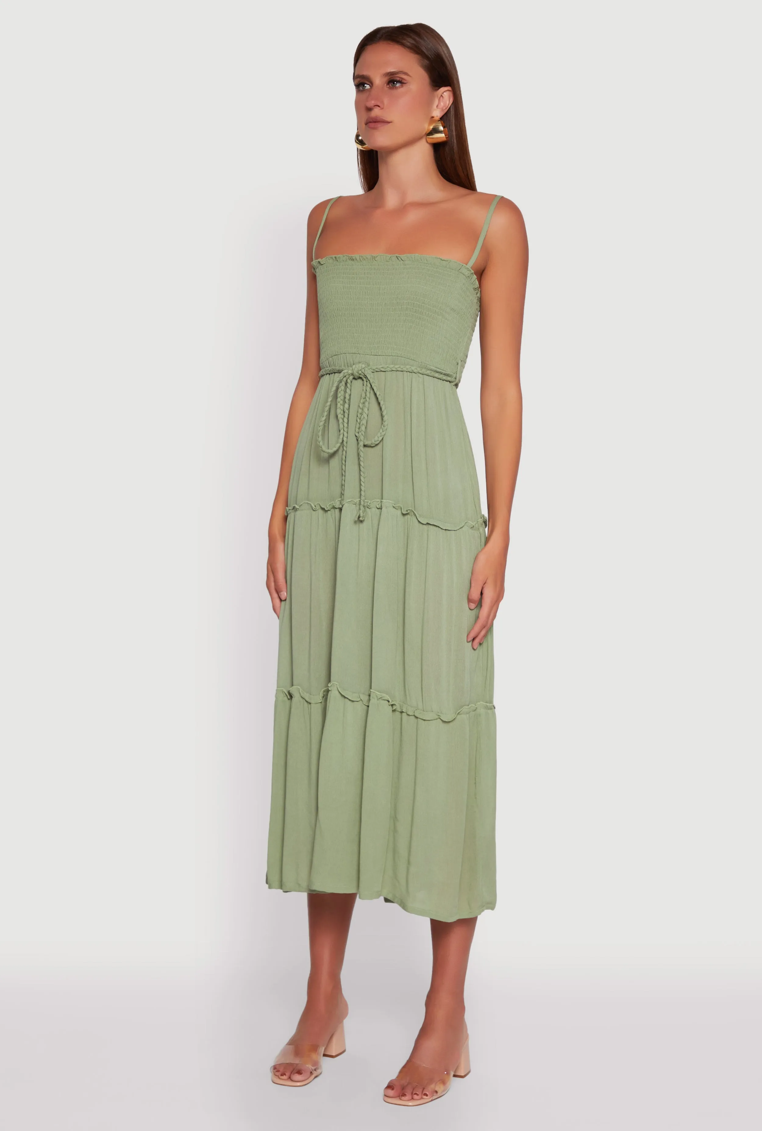 Tiered A-Line Maxi Dress with Tie Waist Belt Marble Step