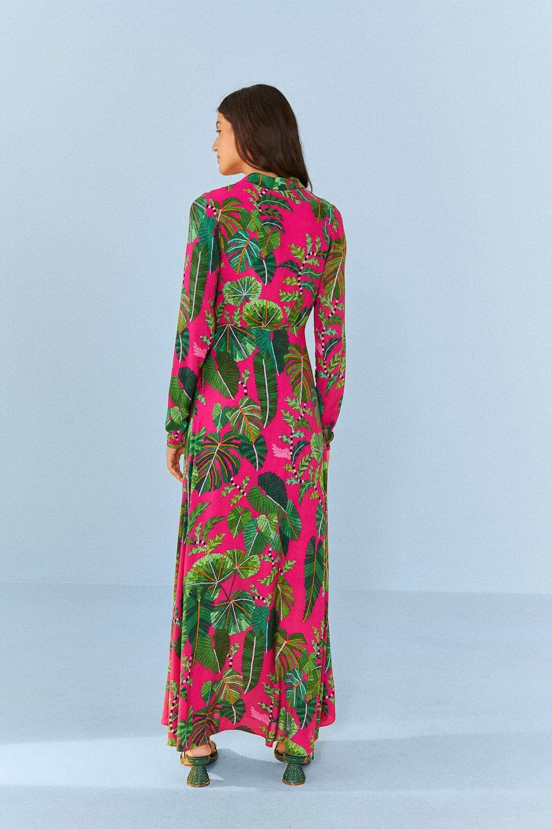 Coral Shine Pink Leaves Maxi Dress