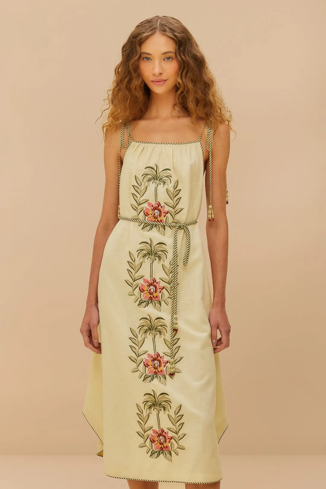 Tropical Flower Embroidered Sand Maxi Dress Brick Glow