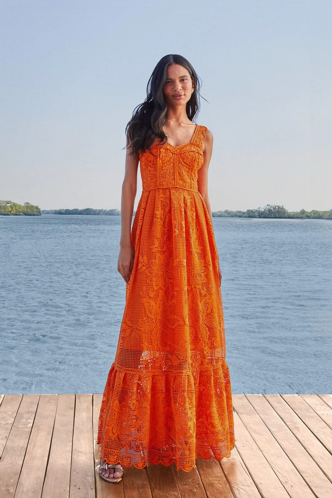 garden party Soft Pink Orange Guipure Sleeveless Maxi Dress