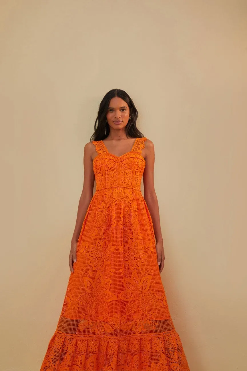Ethereal Air Orange Guipure Sleeveless Maxi Dress