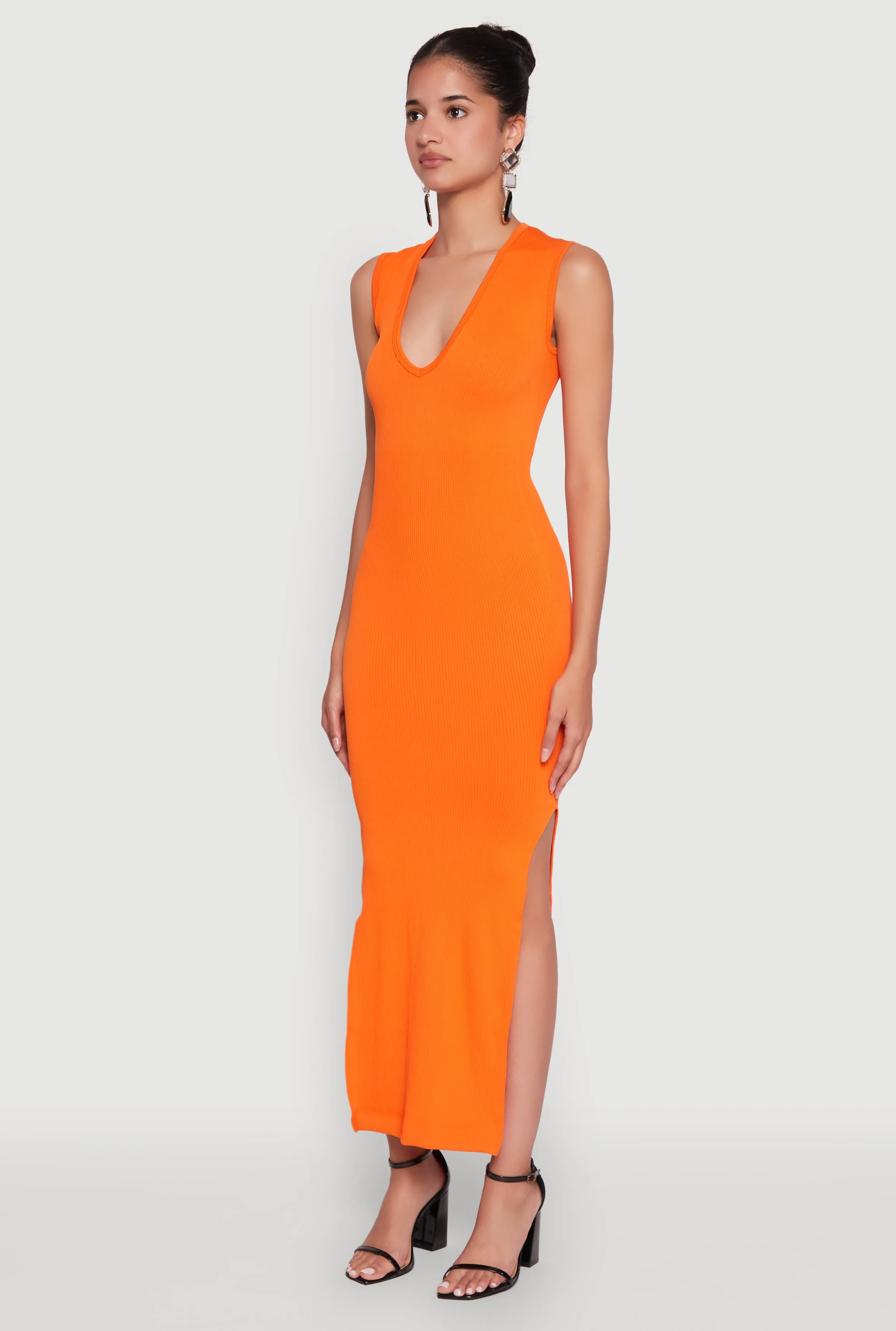 Trendy Rib Knit Plunge Neck Side Slit Maxi Dress Kimono Arm Designed to complement every body shape this dress enhances your natural silhouette