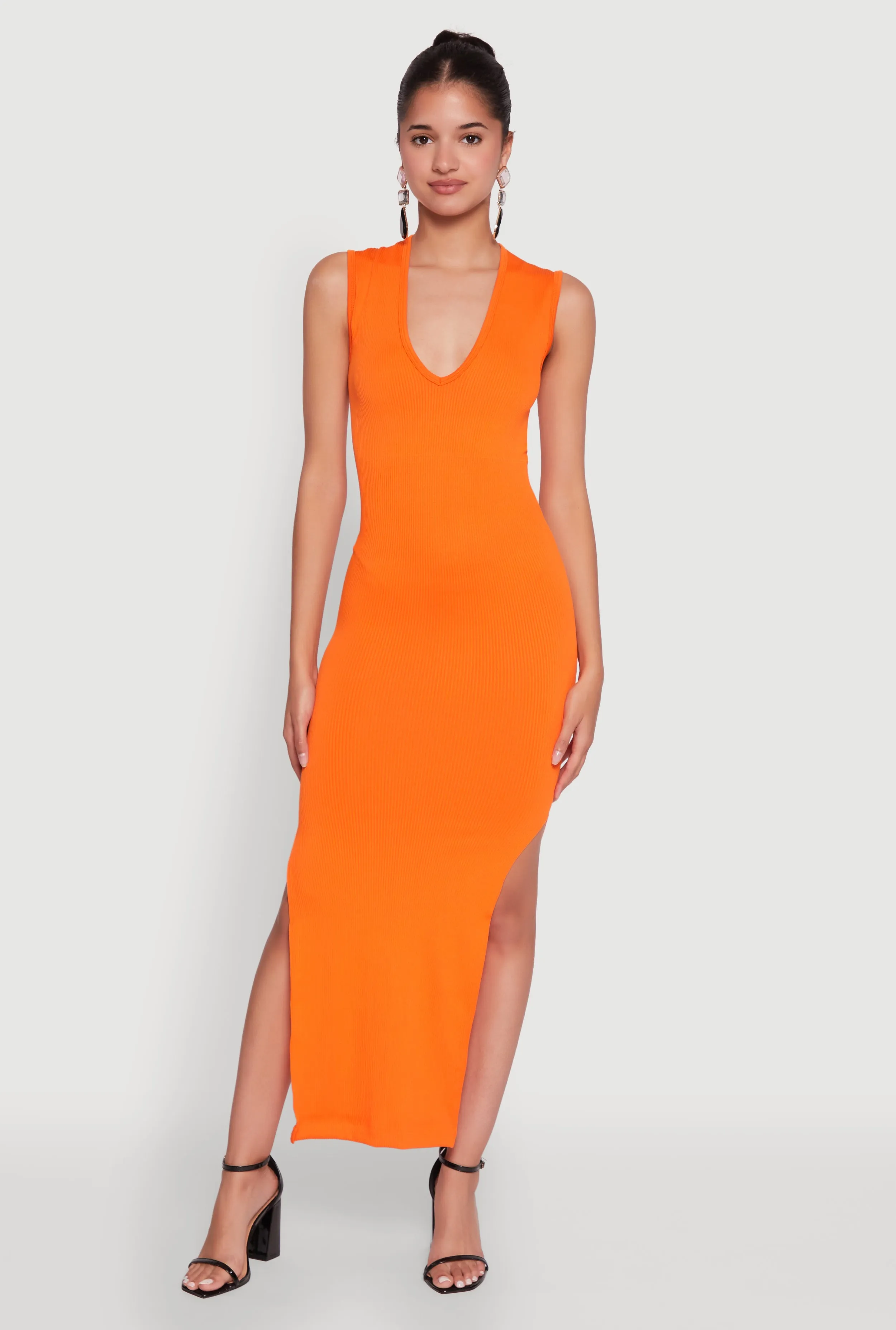 Wedding guest Trendy Rib Knit Plunge Neck Side Slit Maxi Dress