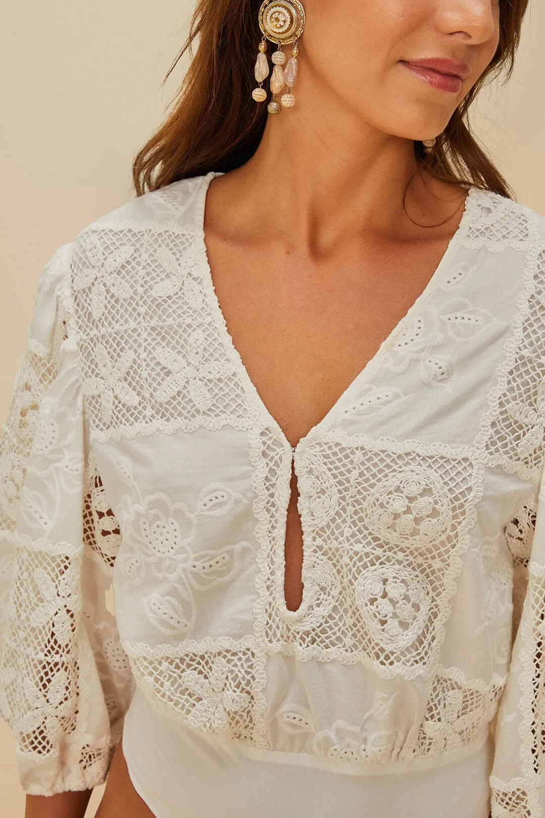 Fine Neutral Premium Urban Off-White Rosy Eyelet Puff Sleeve Bodysuit