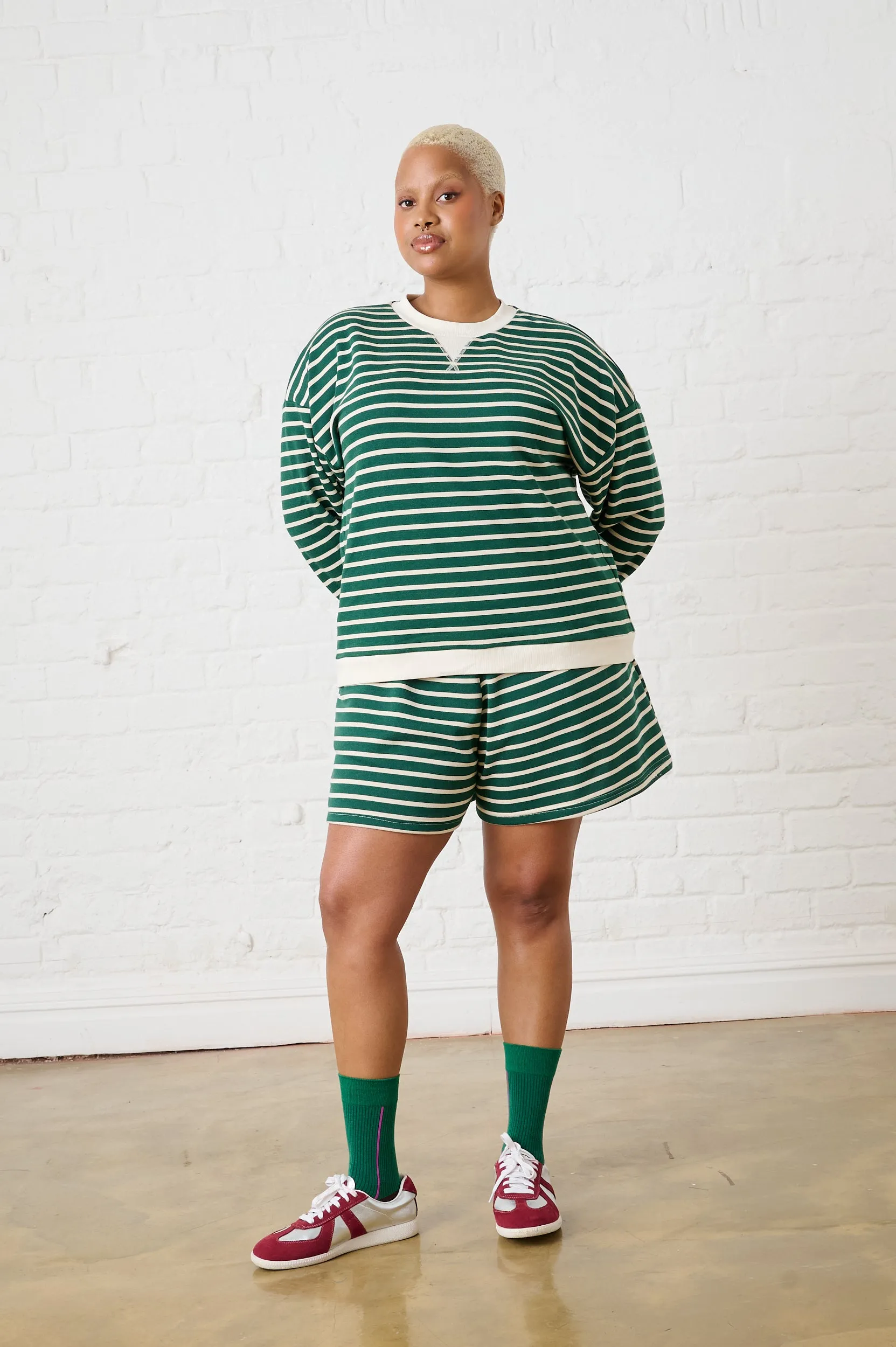 petite size gym kit Striped Knit Shorts in Green/Milk