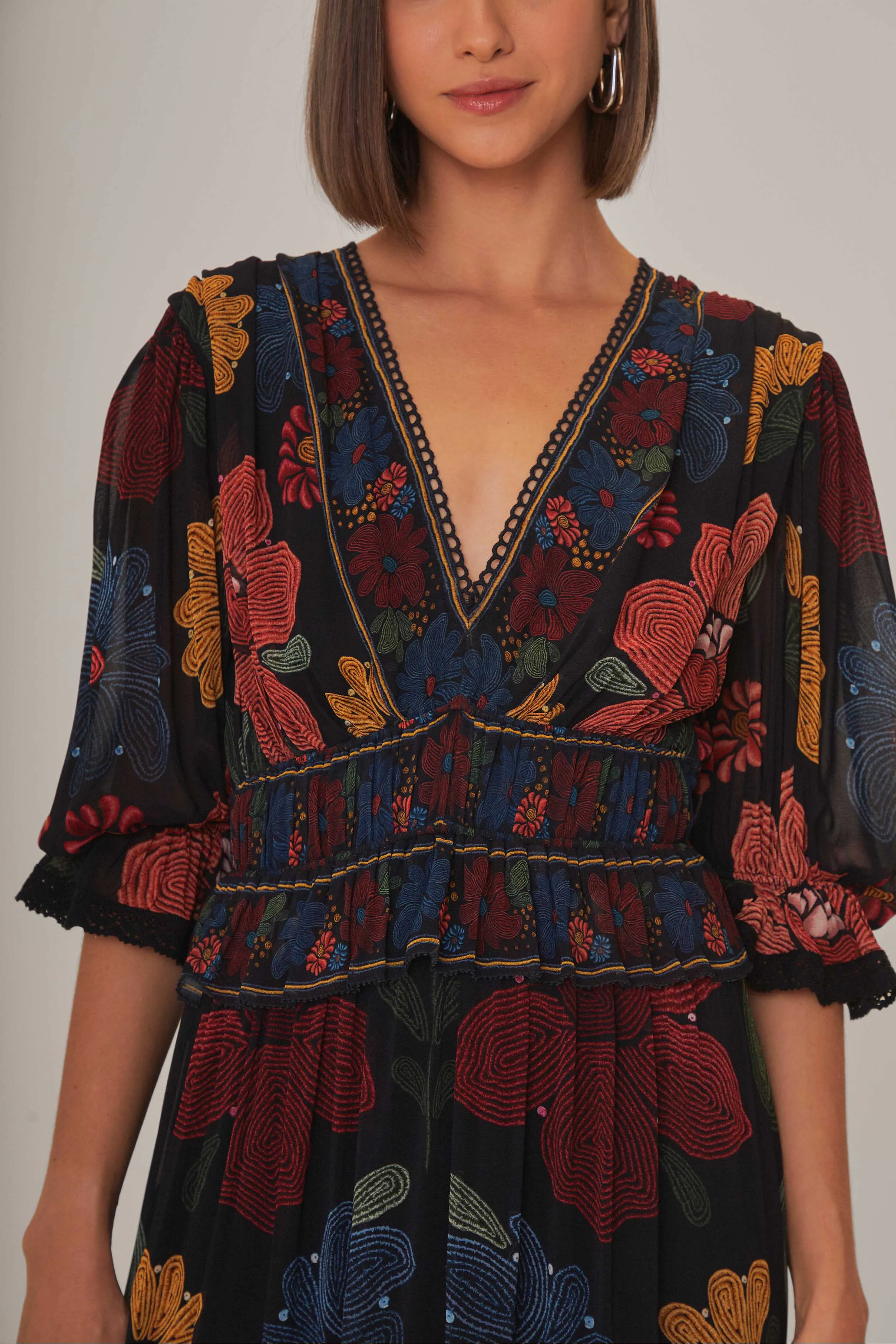 Black Stitched Garden Short Sleeve Maxi Dress Hemp Glow
