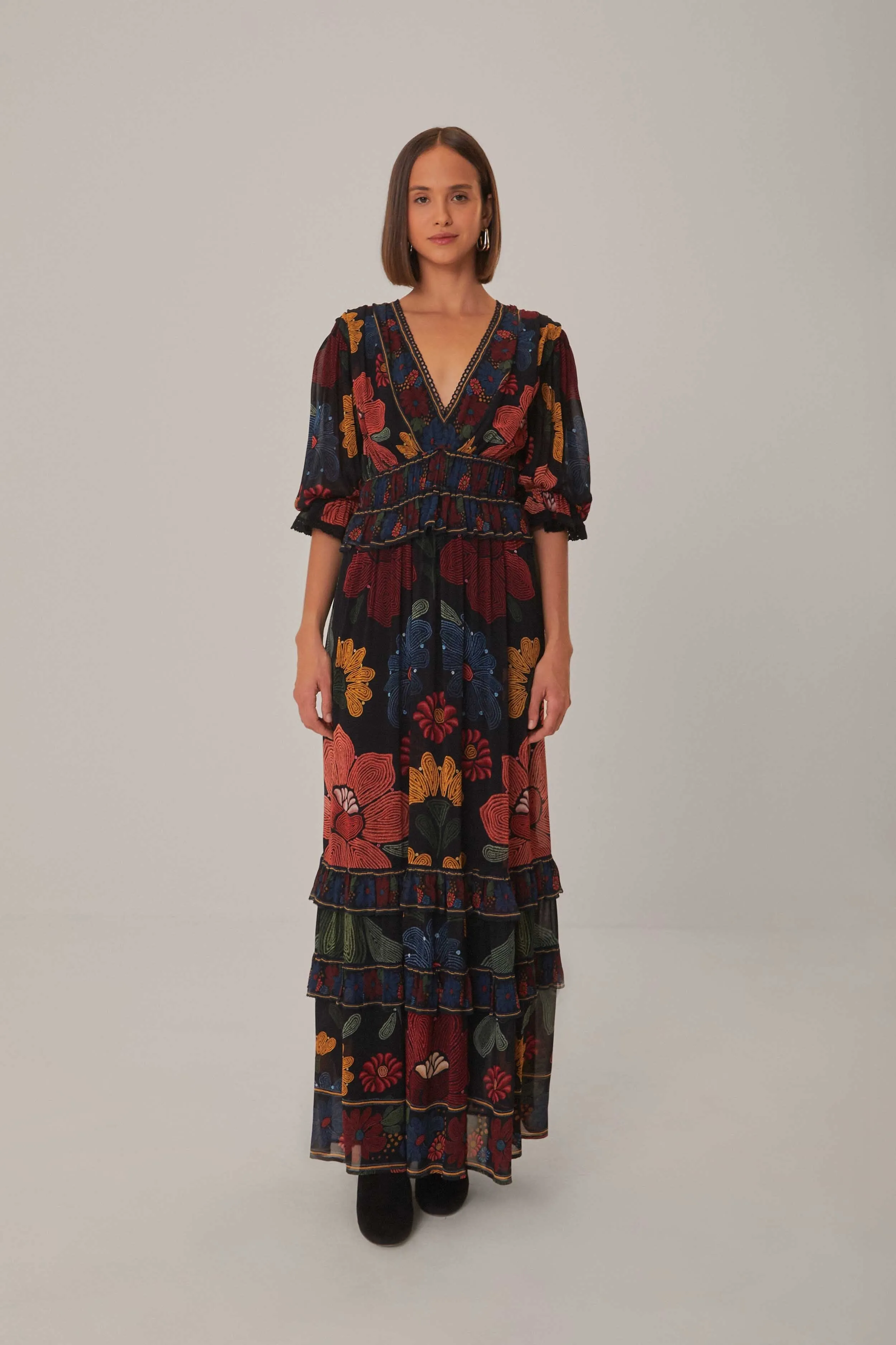 Coral Glow Print Art Black Stitched Garden Short Sleeve Maxi Dress