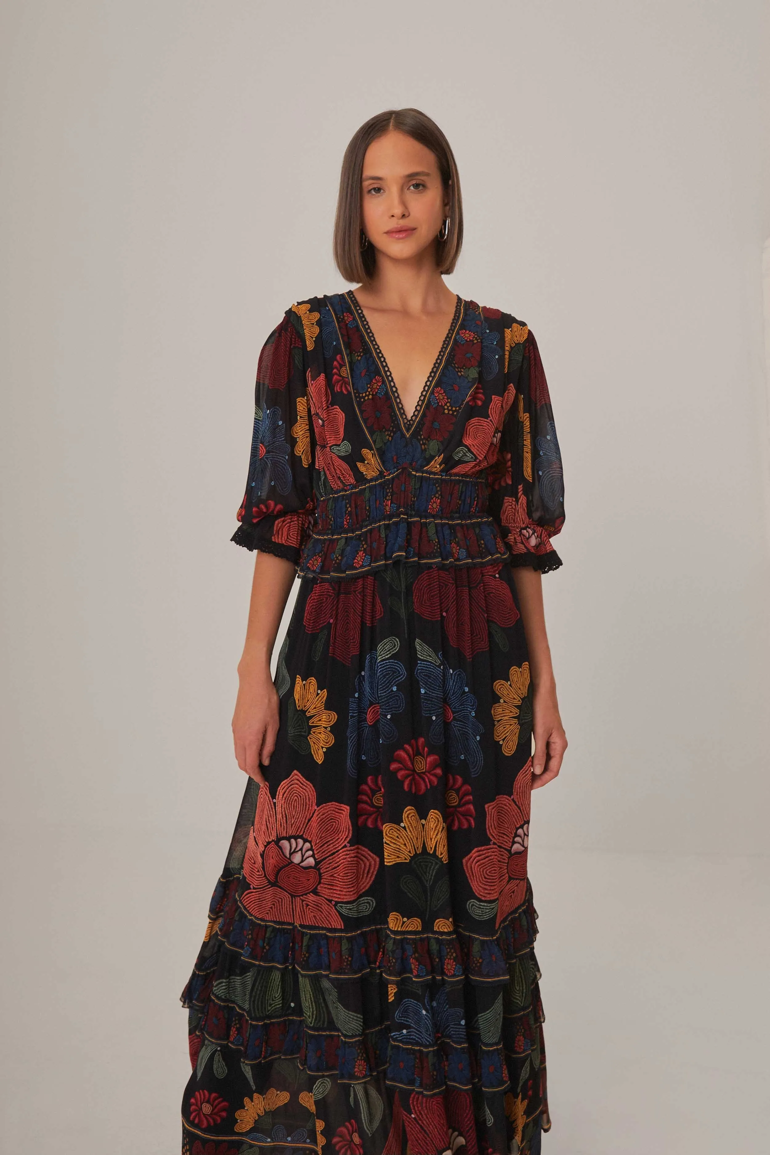 Long Sleeve Ideal for both warm and cool weather this dress is a year-round wardrobe staple Black Stitched Garden Short Sleeve Maxi Dress