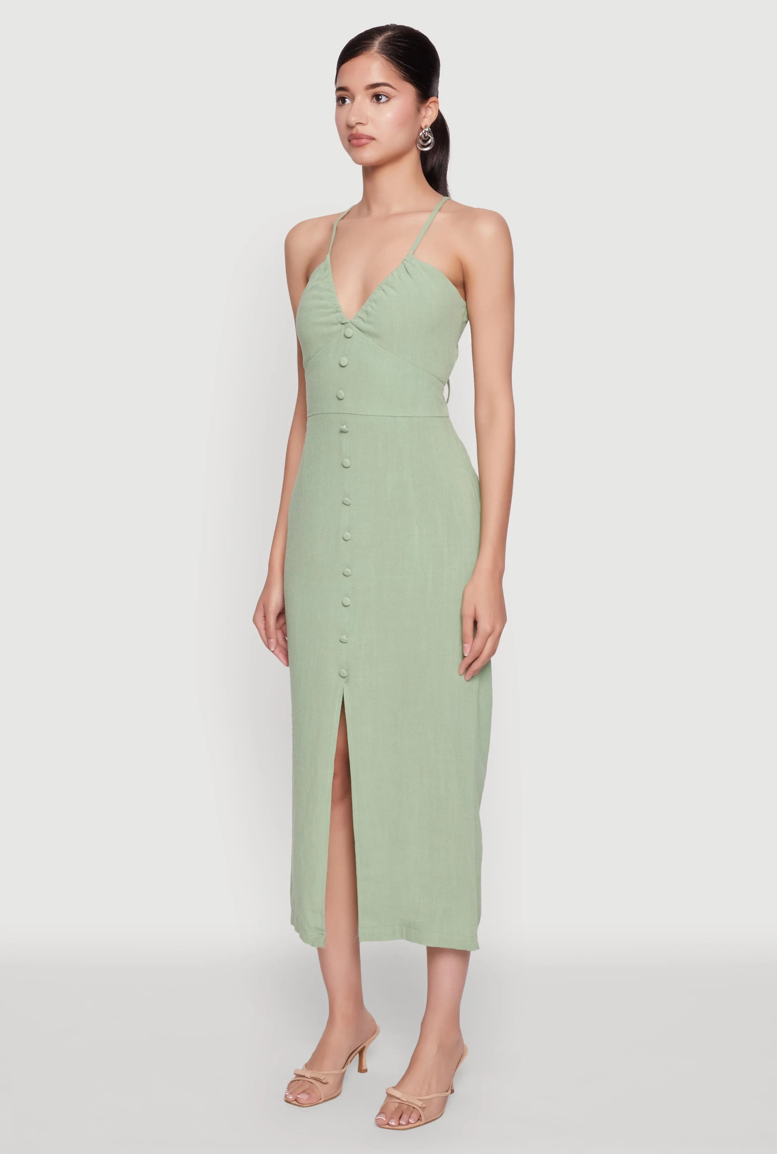 Open Tie Back Button Front Maxi Dress Night Breeze