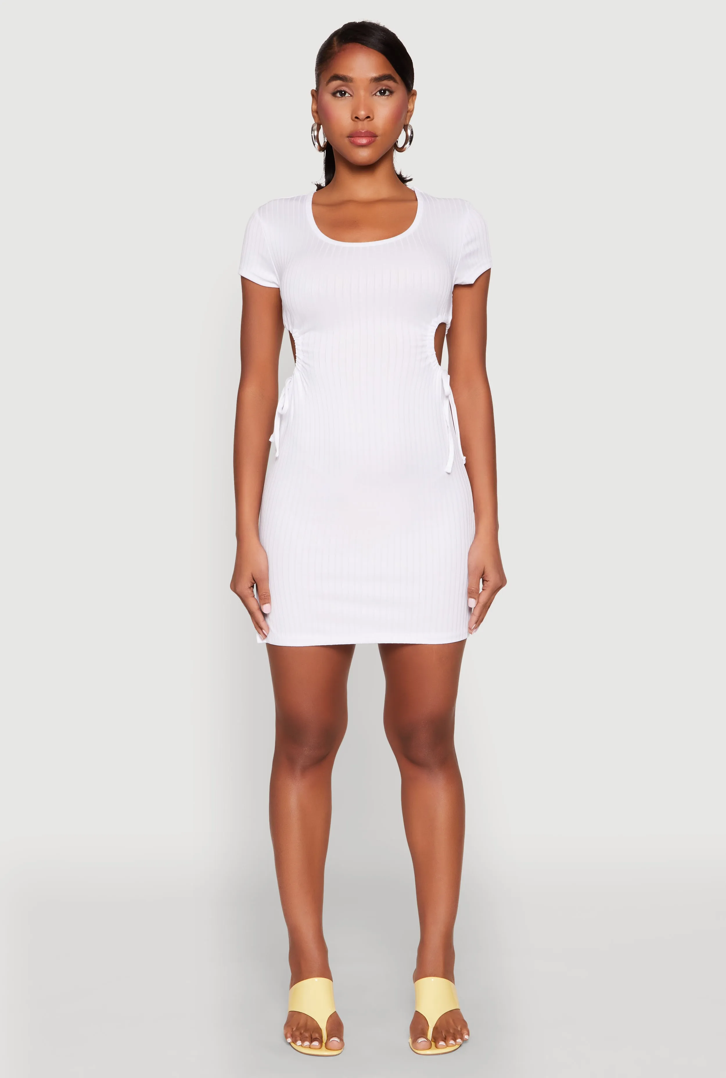 Rib Knit Side Ruched Keyhole Mini Dress Twist Front Draping Trend Light