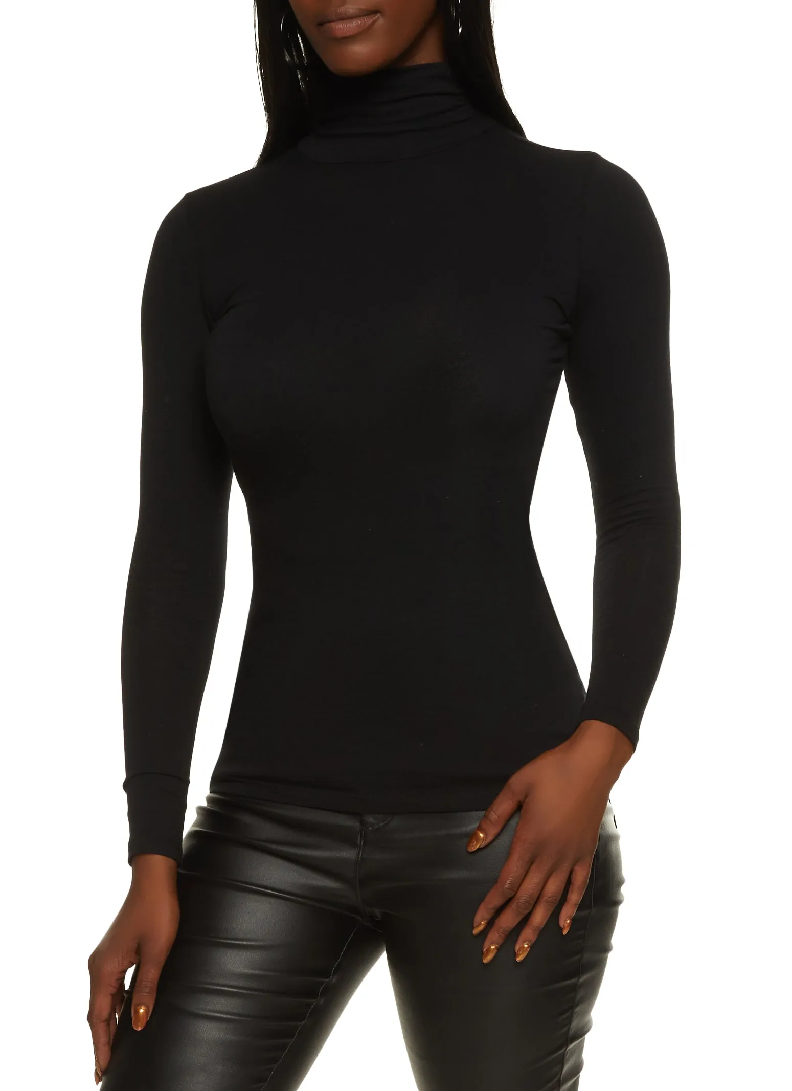 Solid Long Sleeve Turtleneck Top Ribbed Collar Trim Relaxed Fit