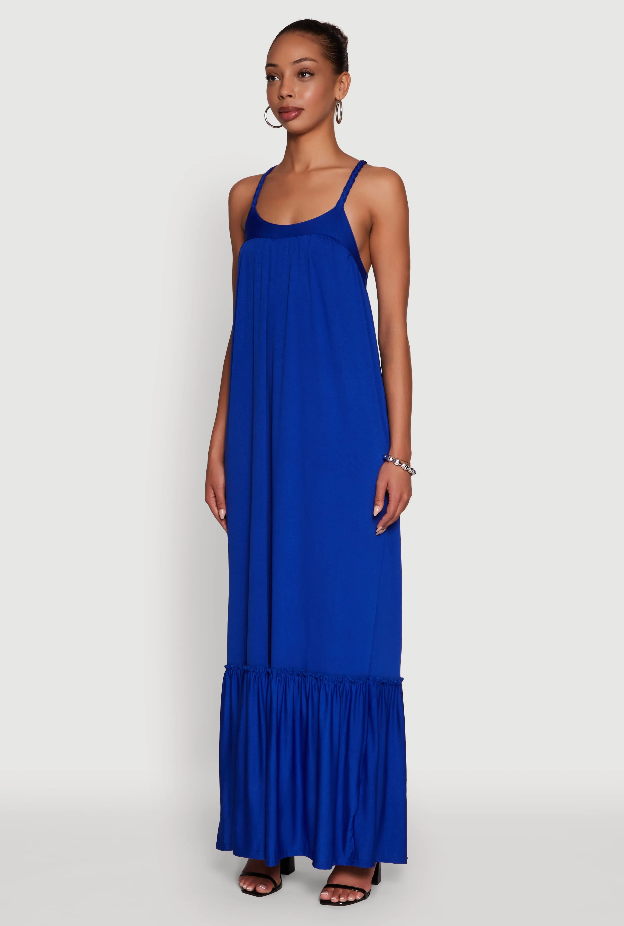 Elegant Braided Sleeve Tiered Maxi Dress Noon Light Tide Glow
