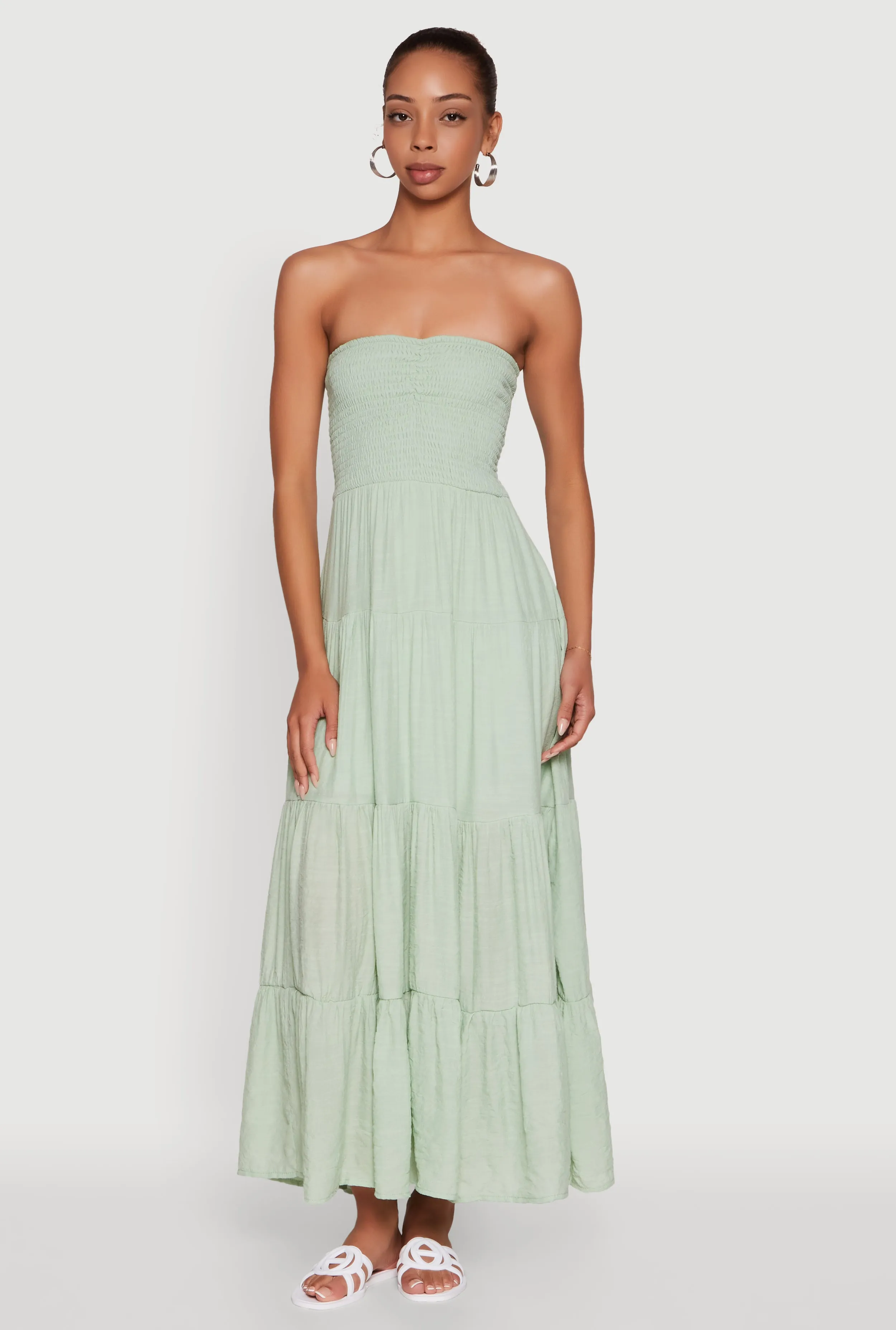 Elegant Strapless Smocked Tiered Dress Retro Charm