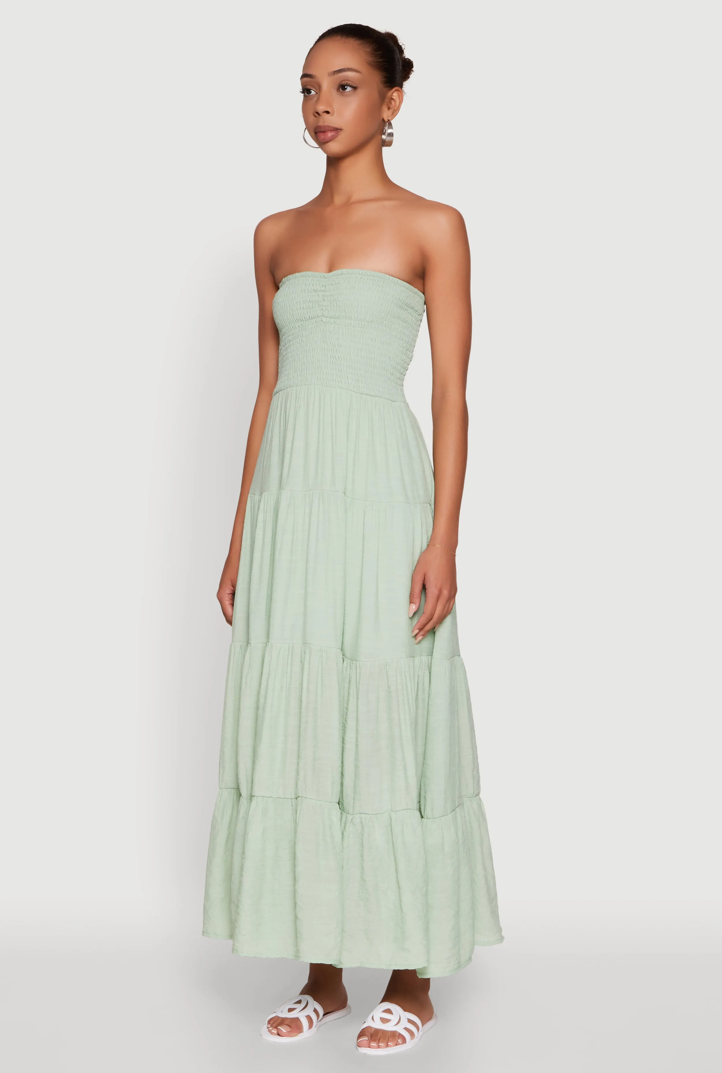 Elegant Strapless Smocked Tiered Dress Fire Glow