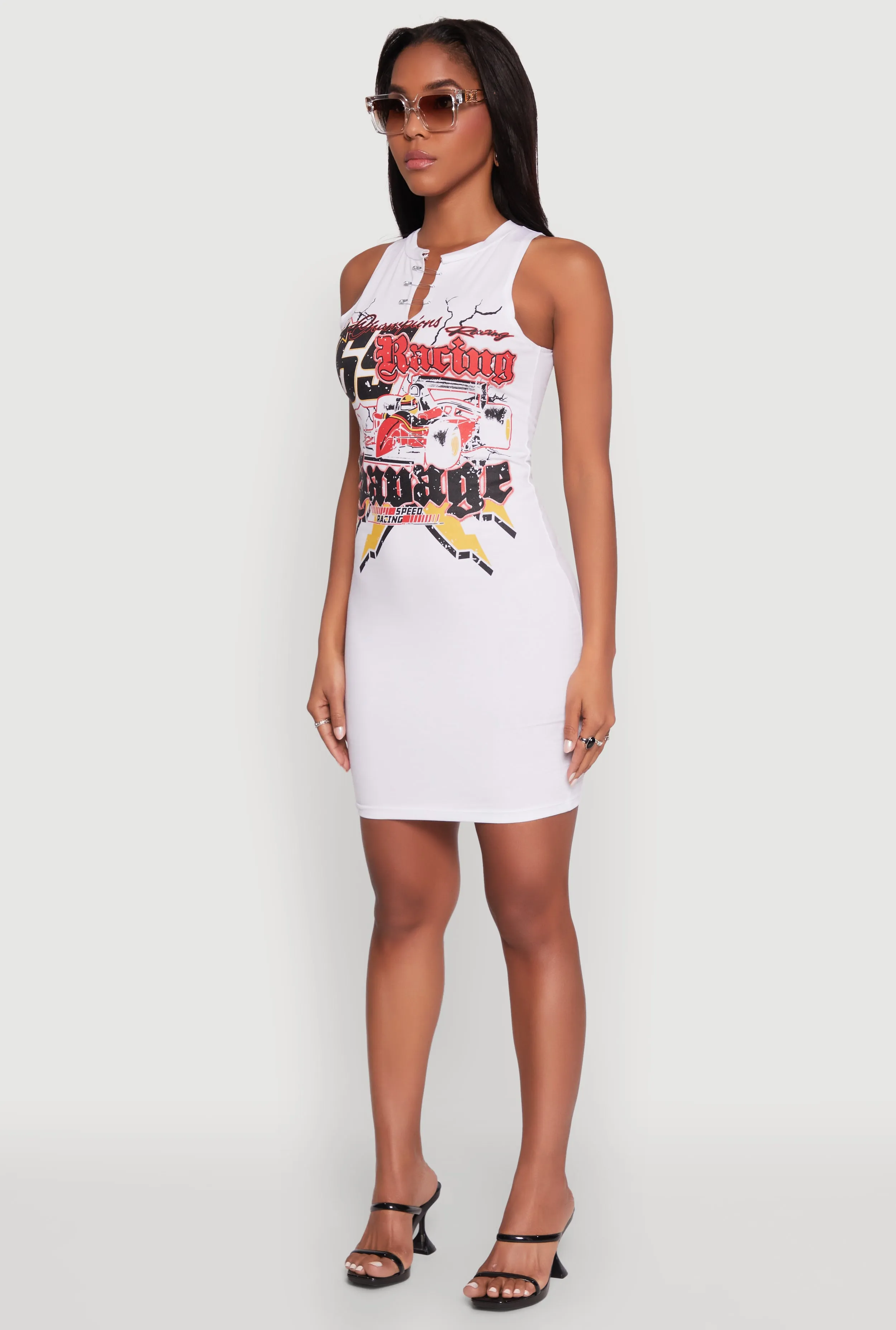 Show Skin Runway Vibe Speed Racing Graphic Sleeveless Mini Dress