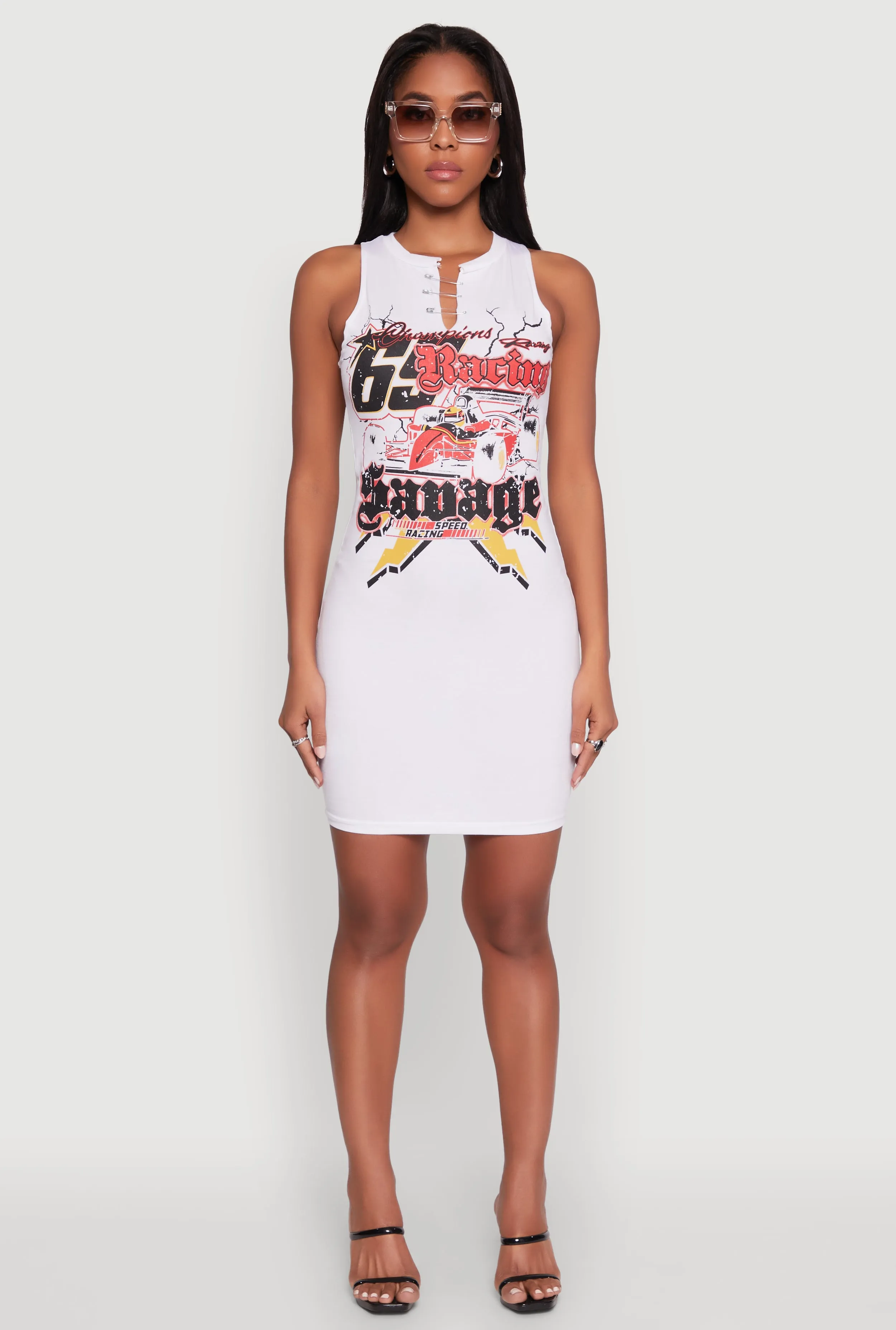 Minimal Look Light and Breezy Speed Racing Graphic Sleeveless Mini Dress