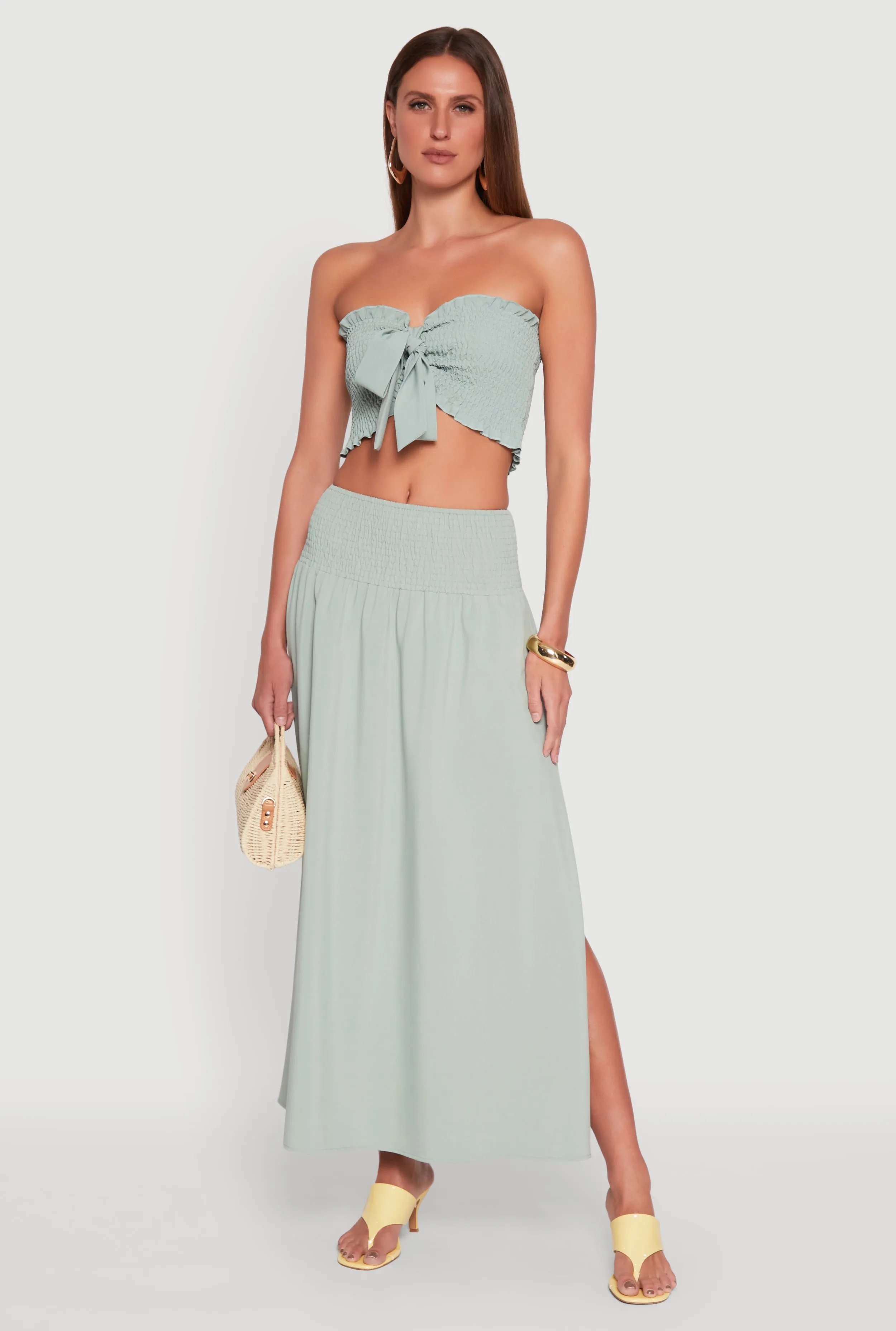 Smocked High Waist Side Slit Skirt Graceful Look
