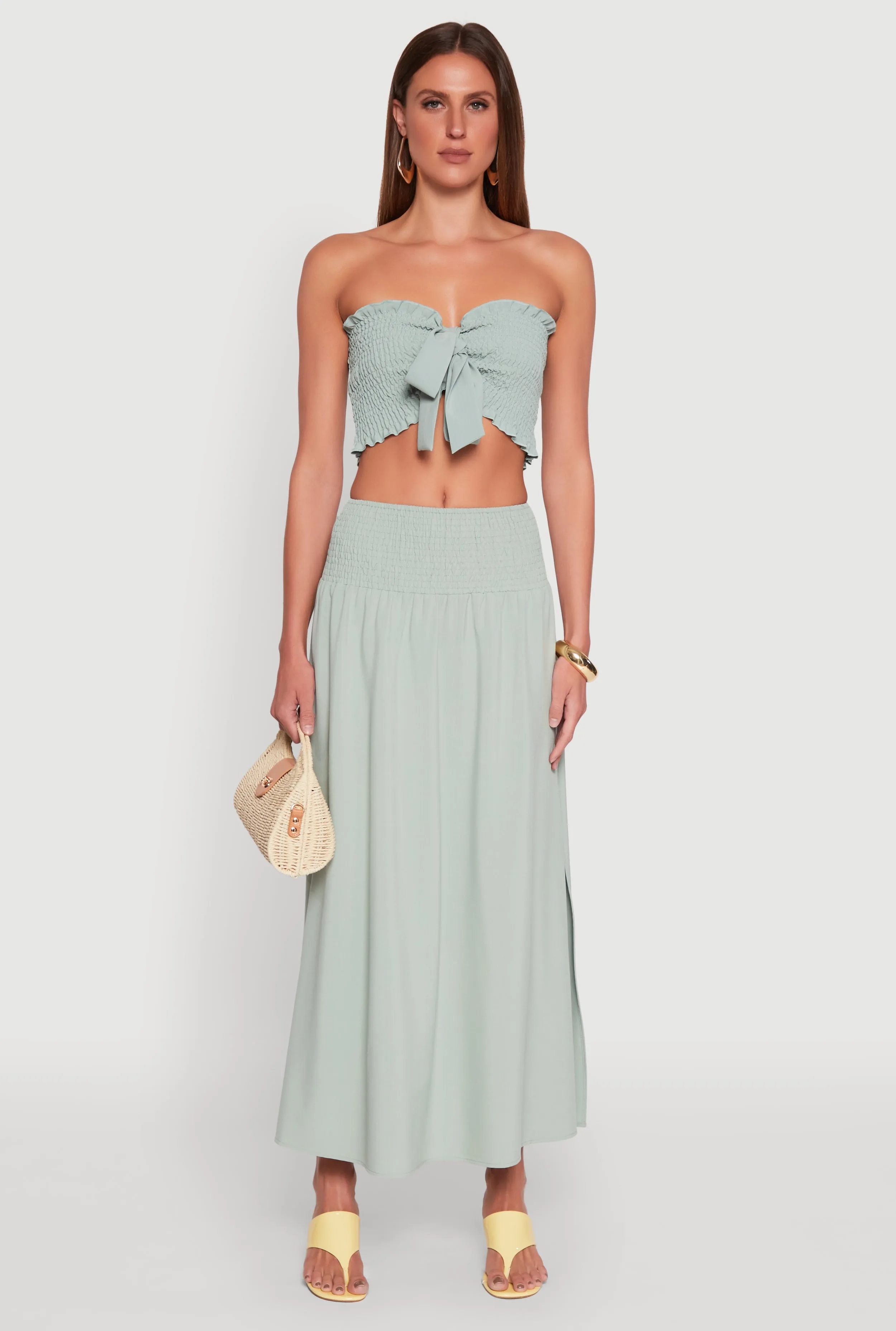 Smocked High Waist Side Slit Skirt Summer Outfit