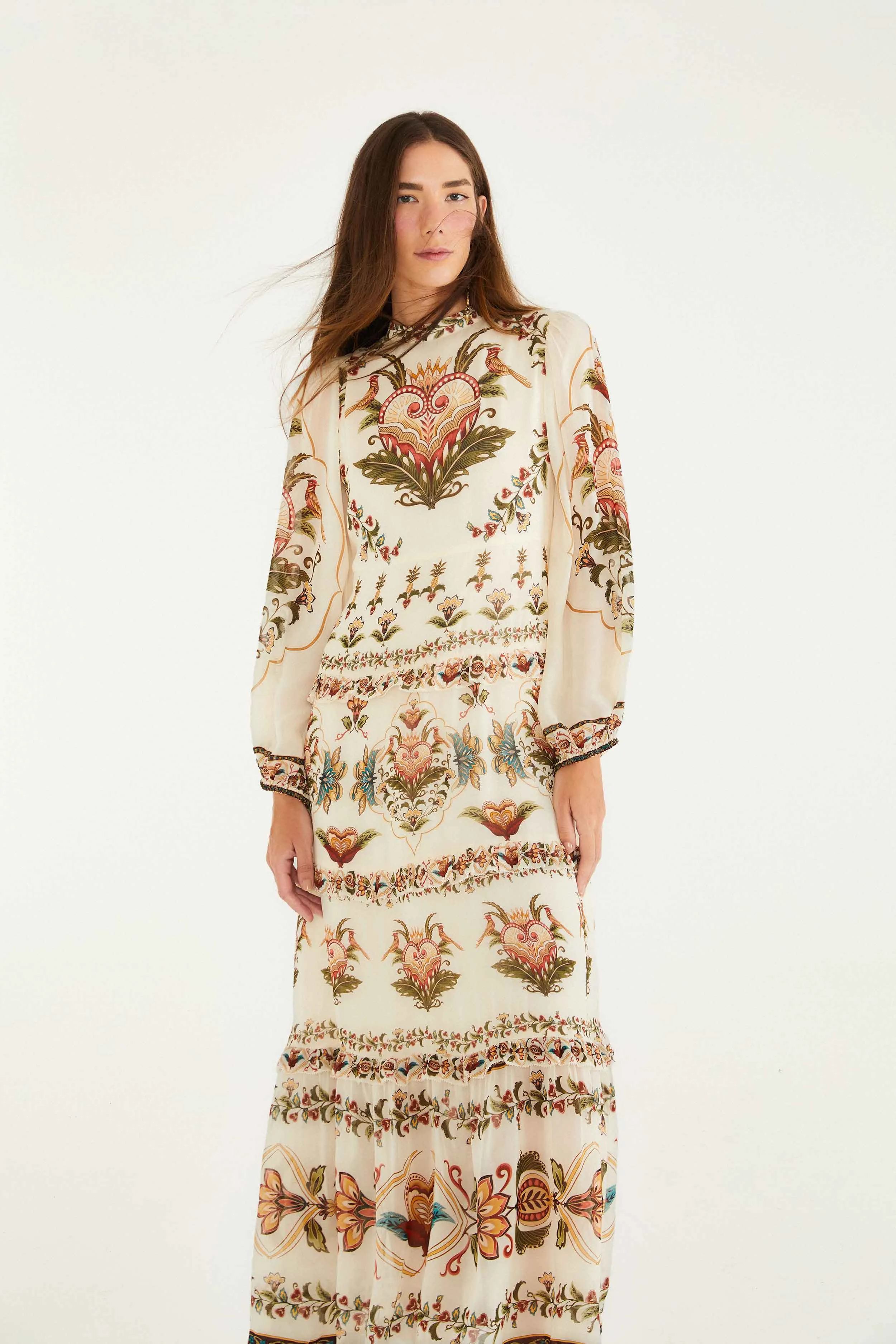 Cream Majestic Hearts Maxi Dress A-Line Cut Town Lane