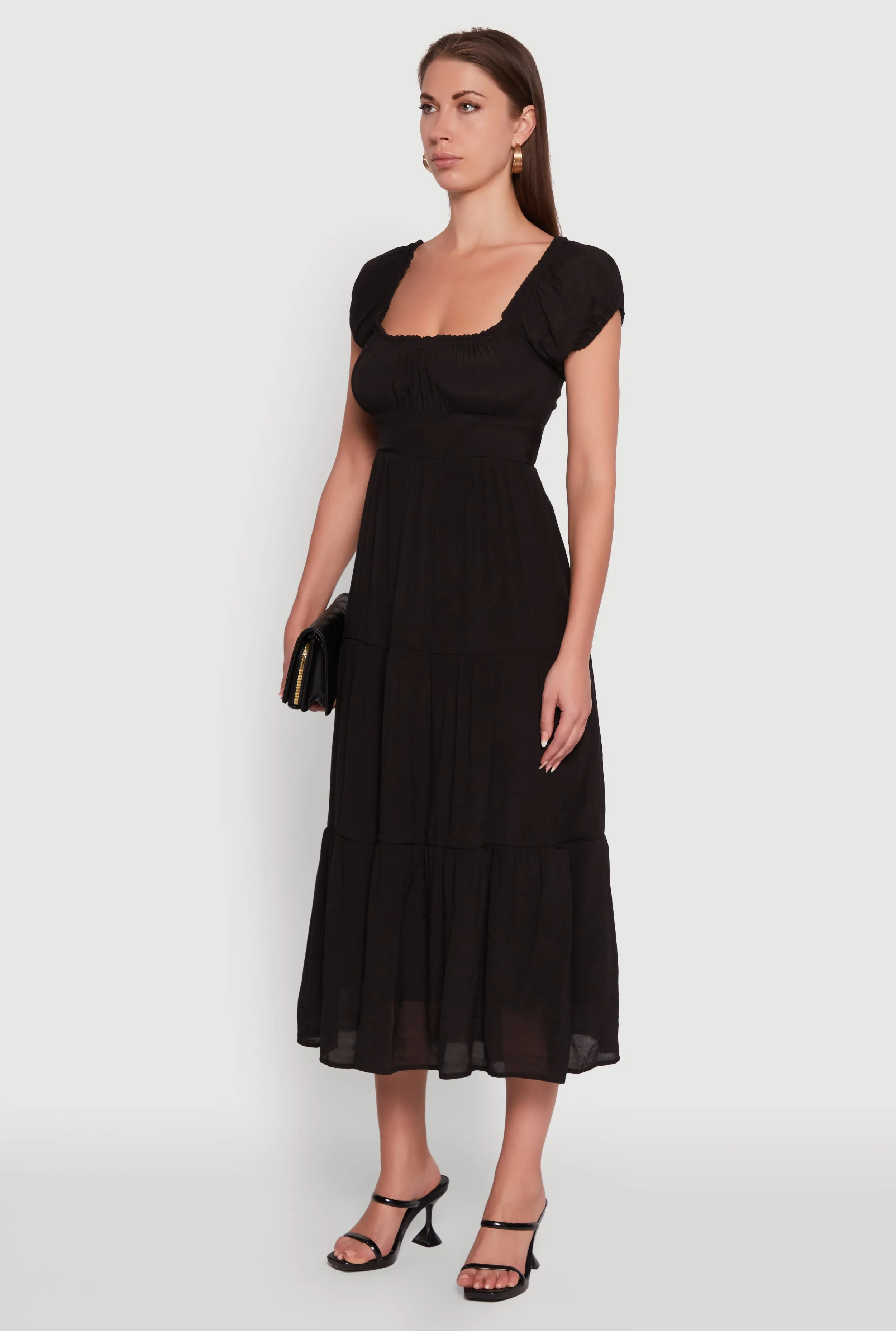 Timeless Short Puff Sleeve Empire Waist Maxi Dress Stripe Flow Batiste Soft