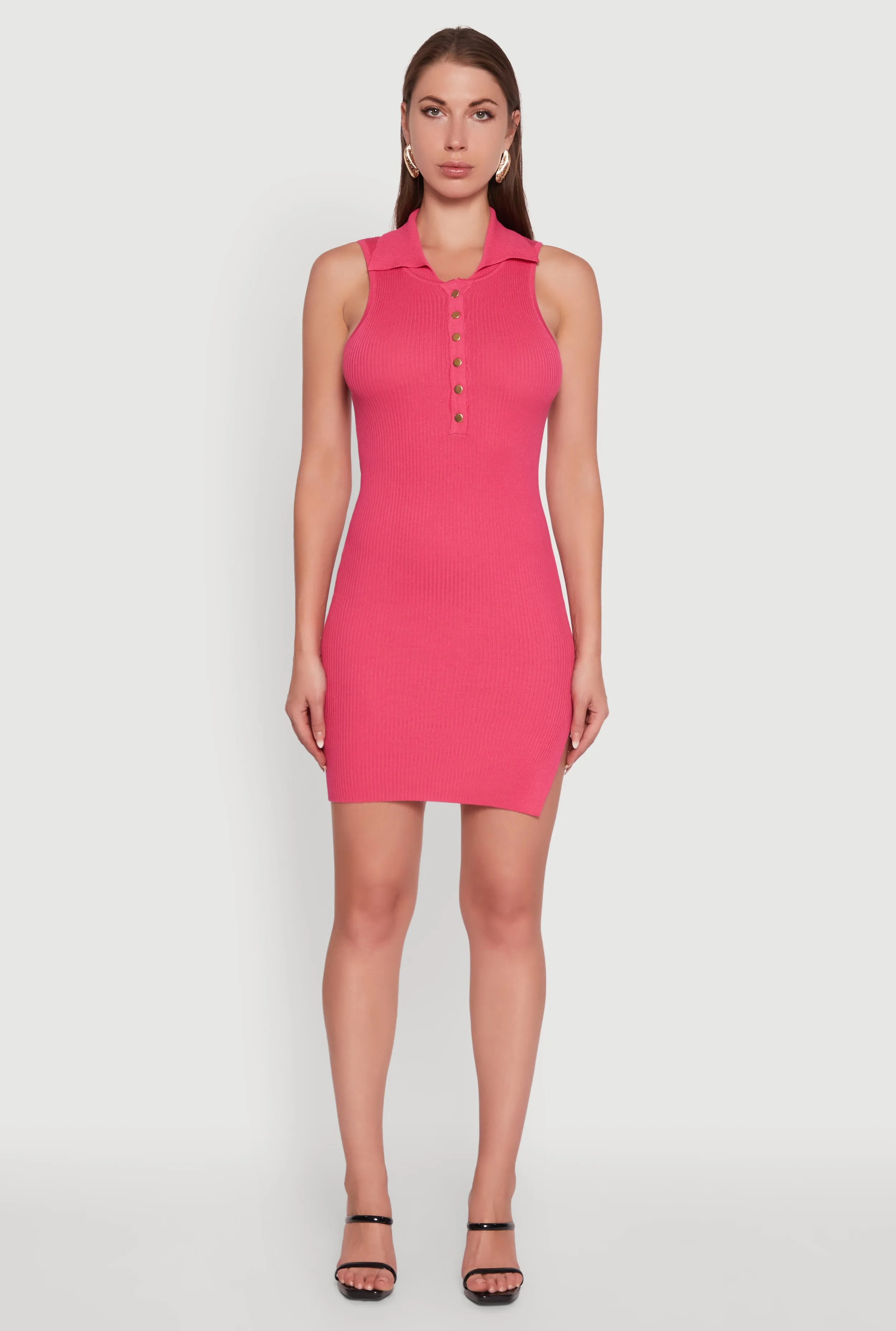 Summer Style Trendy Ribbed Knit Sleeveless Collared Bodycon Dress