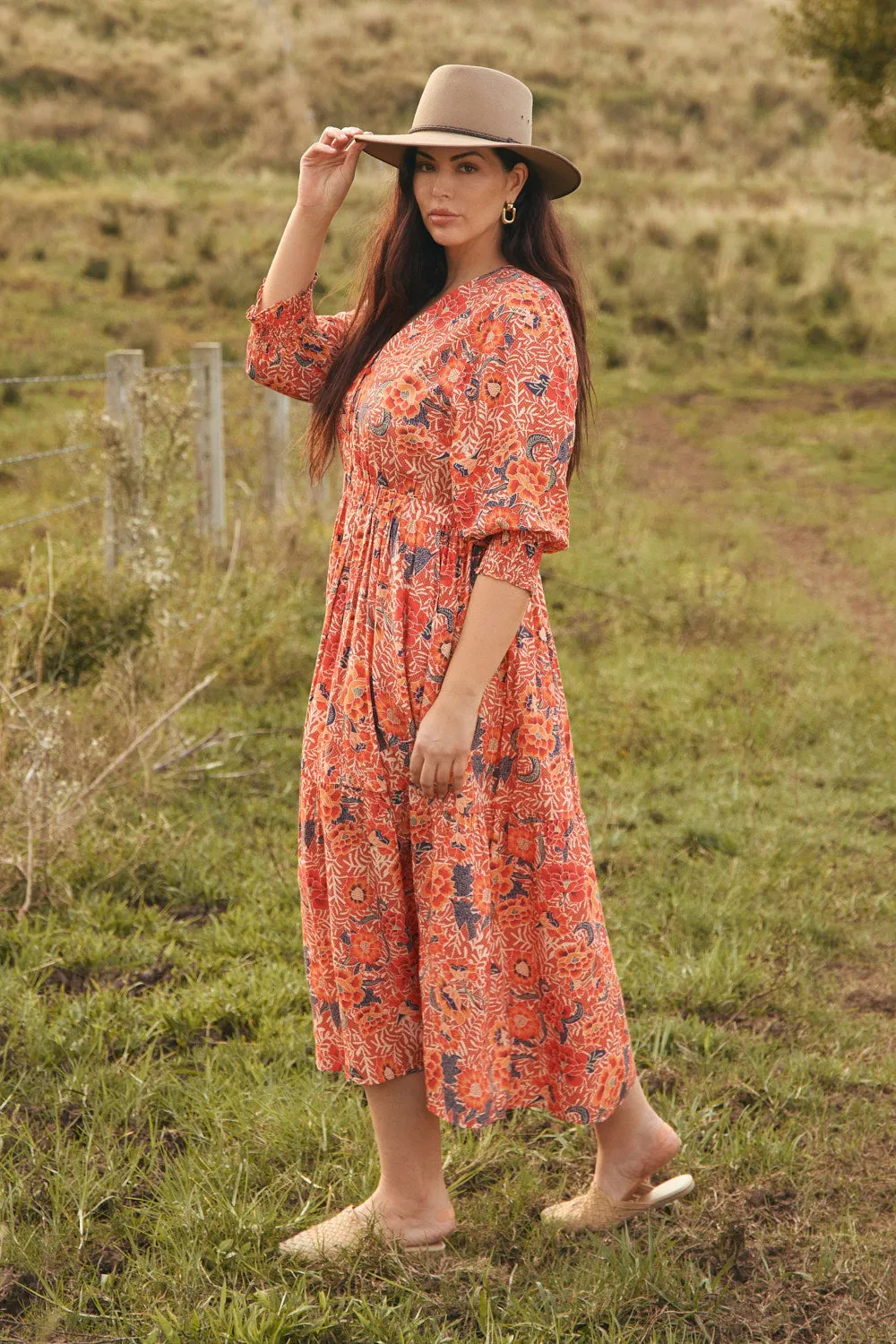 Flower Lane Topaz Glow Savelle Long Sleeve Dress in Crimson Haze