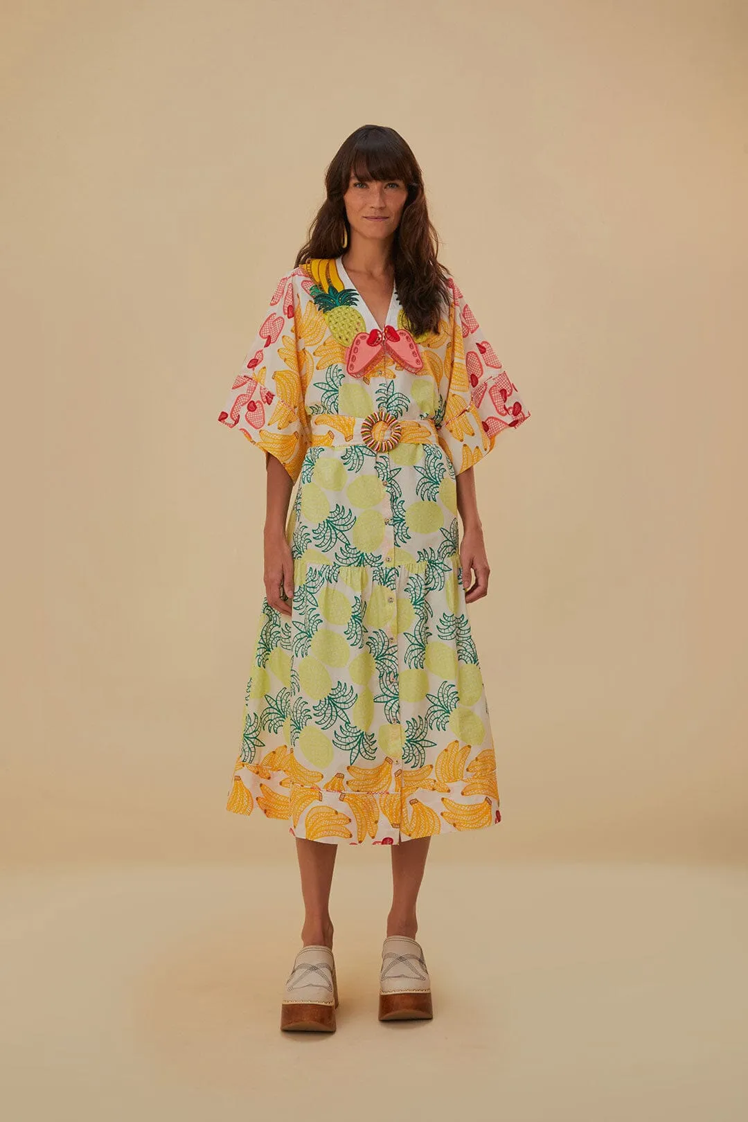 All Season Look Feast Table Off-White Tropical Fruits Midi Dress