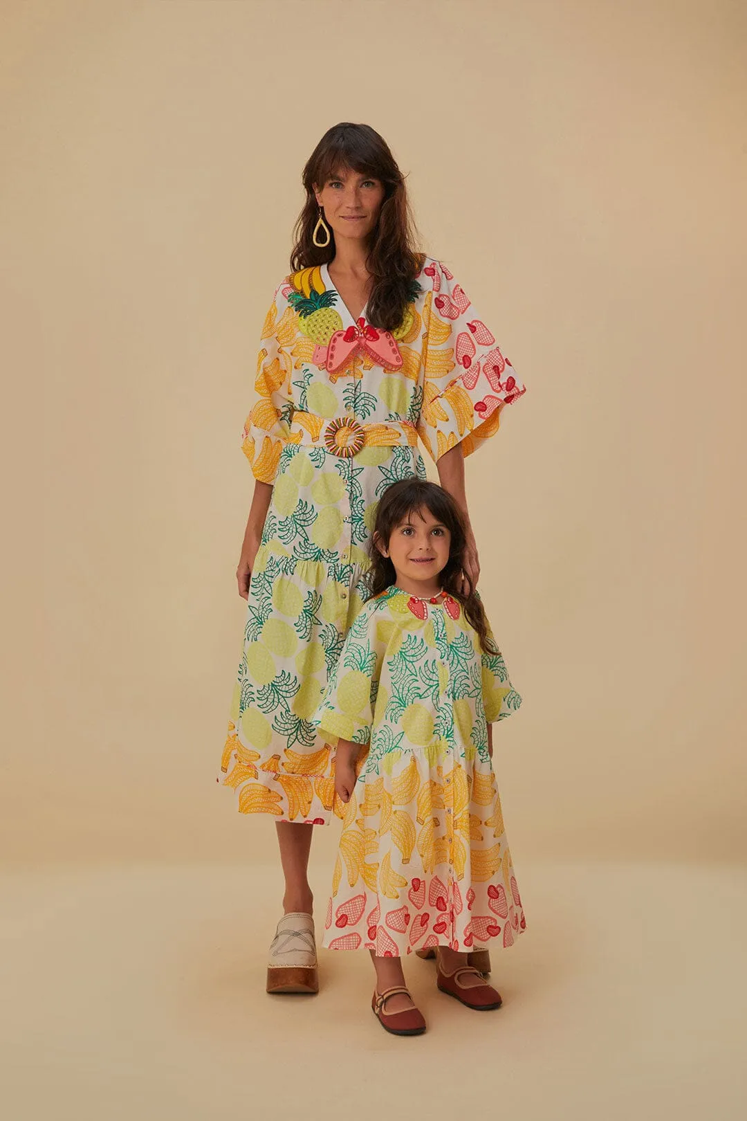 Effortless Glam Off-White Tropical Fruits Midi Dress