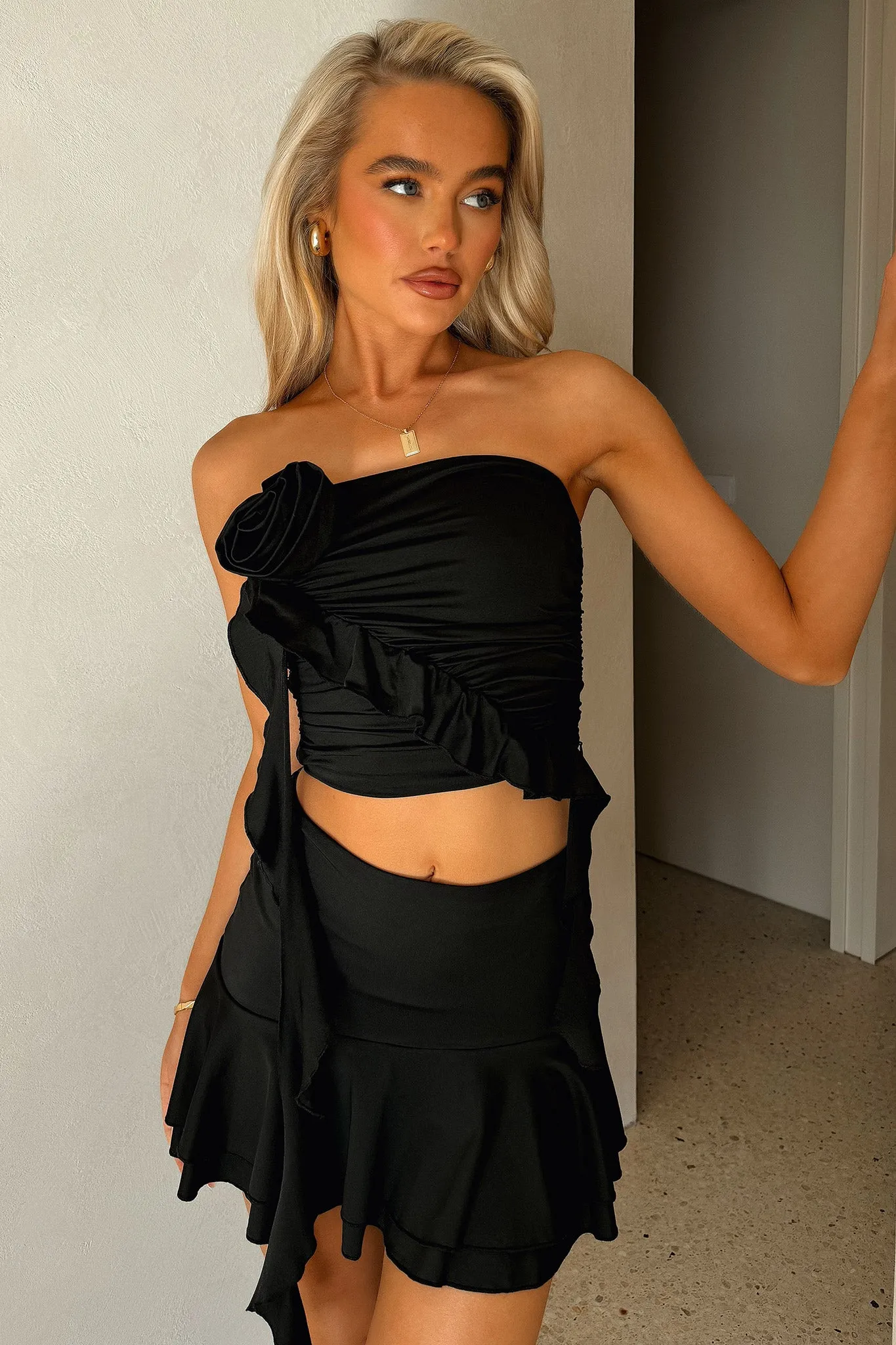 Odee Mini Skirt - Black Asymmetrical Cut Wrinkle Resistant Finish
